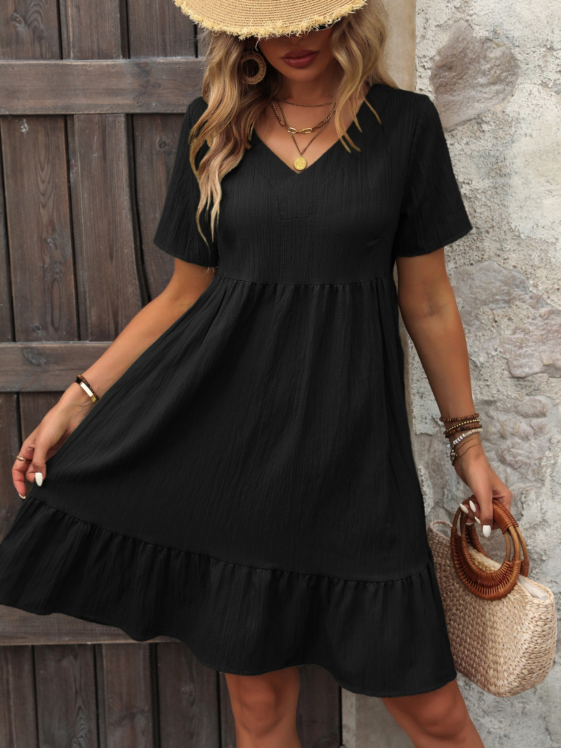 V-Neck Short Sleeve Mini Dress Dress Trendsi Black S 
