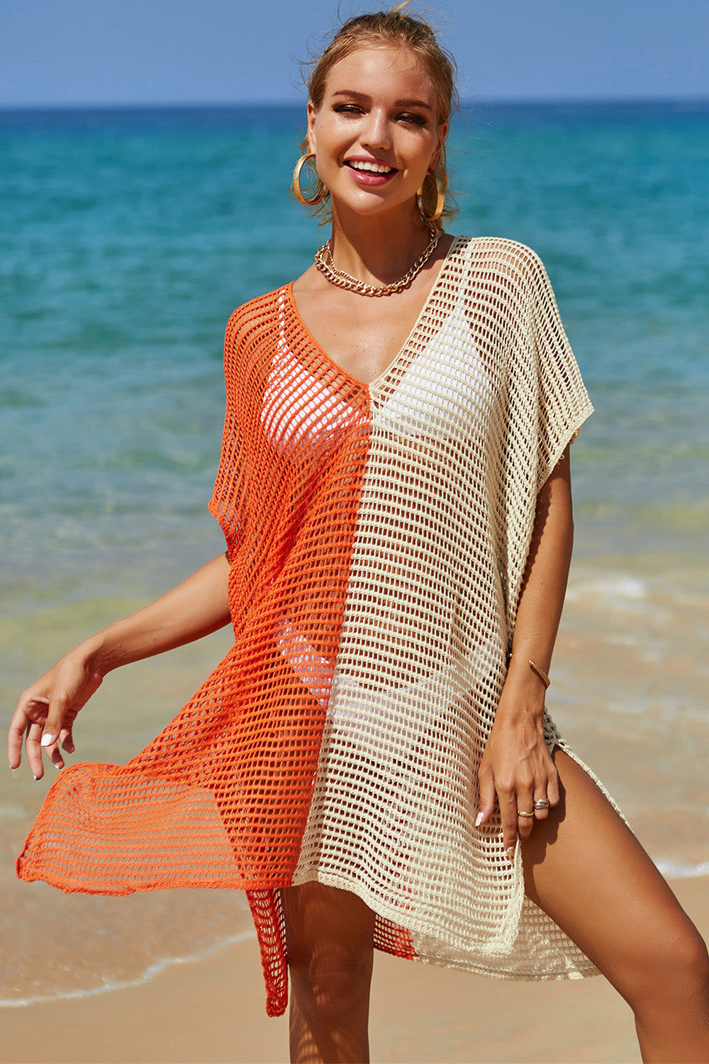 Double Take Openwork Contrast Slit Knit Cover Up Swimwear Trendsi Tangerine One Size 