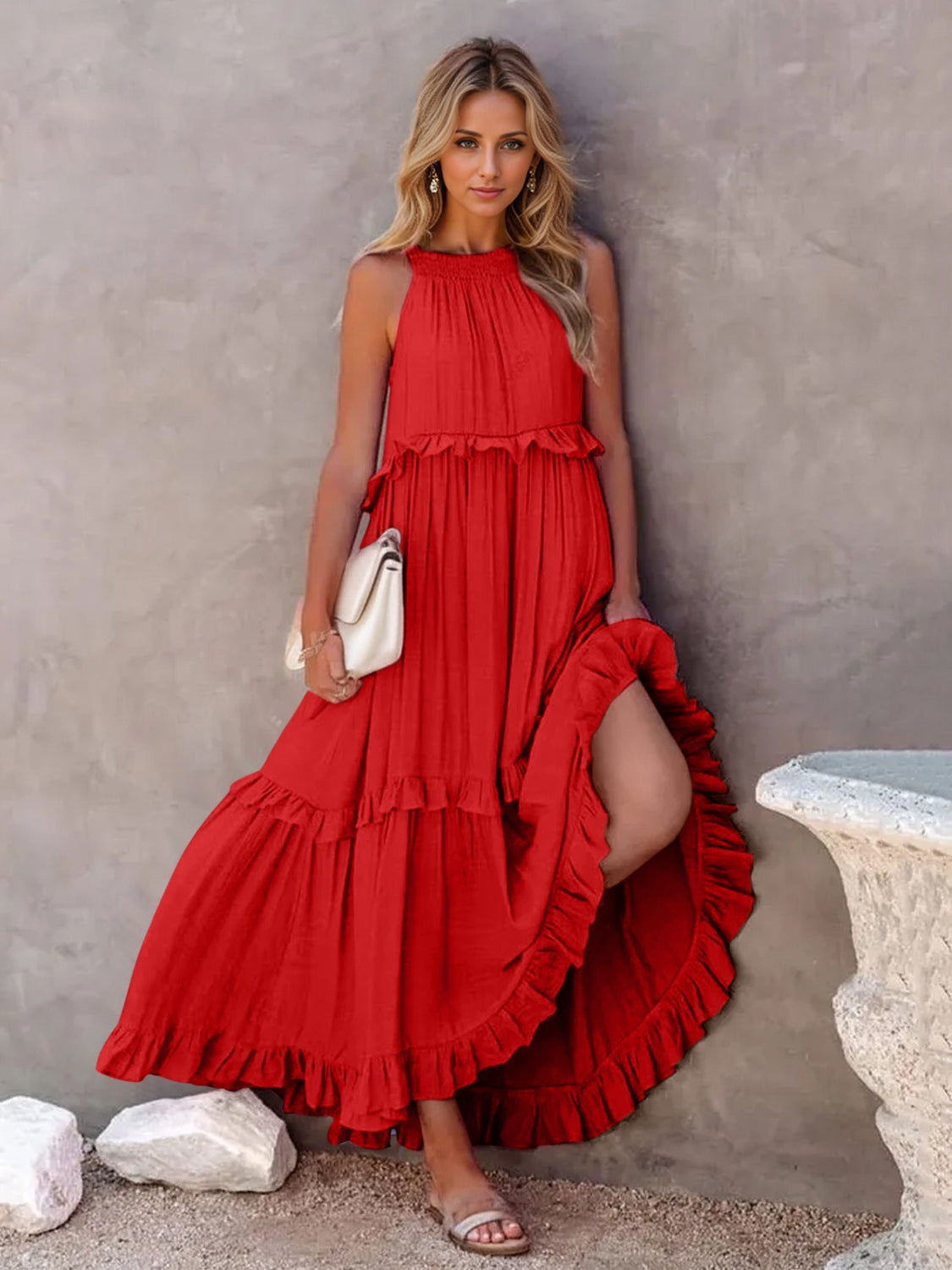 Ruffled Sleeveless Tiered Maxi Dress with Pockets Dress Trendsi Red S 