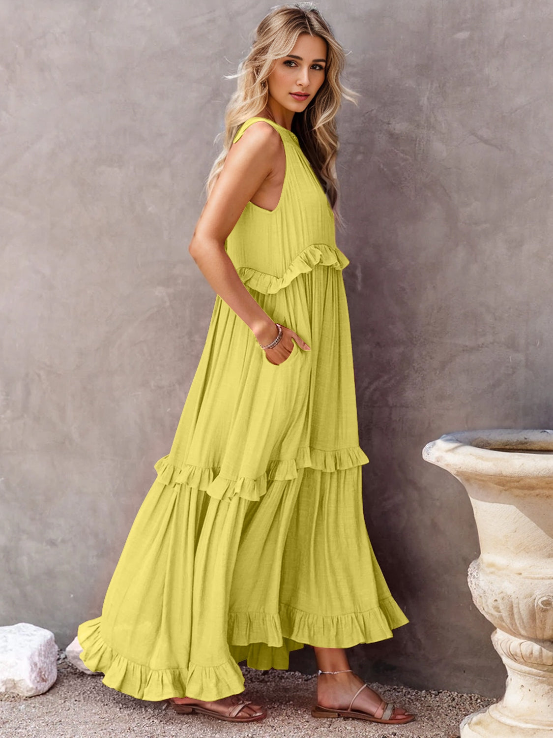Ruffled Sleeveless Tiered Maxi Dress with Pockets Dress Trendsi Chartreuse S 