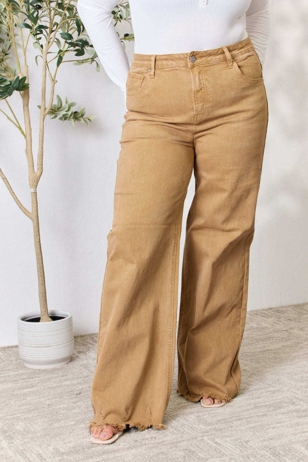 RISEN Full Size Fringe Hem Wide Leg Jeans Bottoms Trendsi   