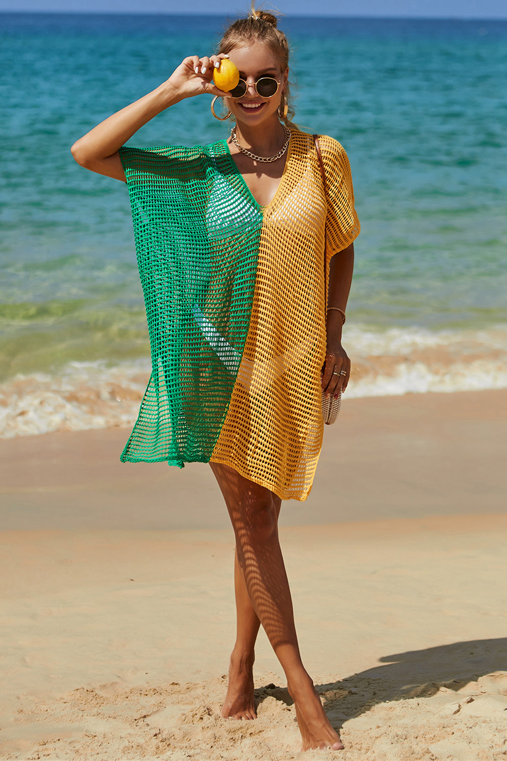 Double Take Openwork Contrast Slit Knit Cover Up Swimwear Trendsi Mid Green One Size 