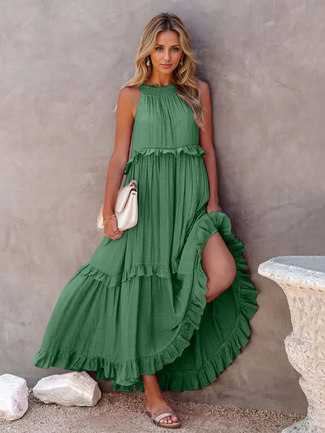 Ruffled Sleeveless Tiered Maxi Dress with Pockets Dress Trendsi Green S 