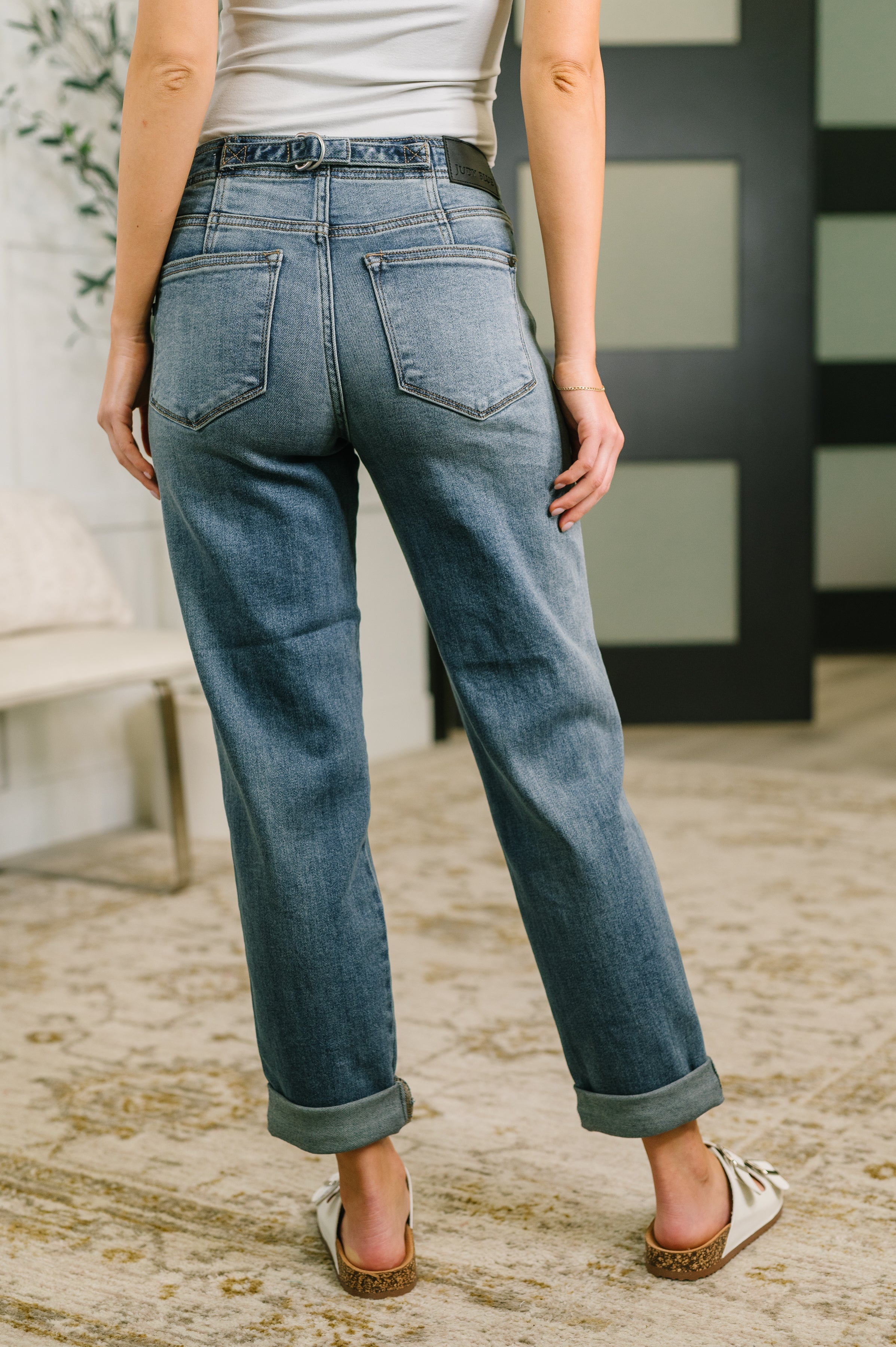 Judy Blue Doris Mid Rise Boyfriend with Adjustable Back Tab + Hollywood WB