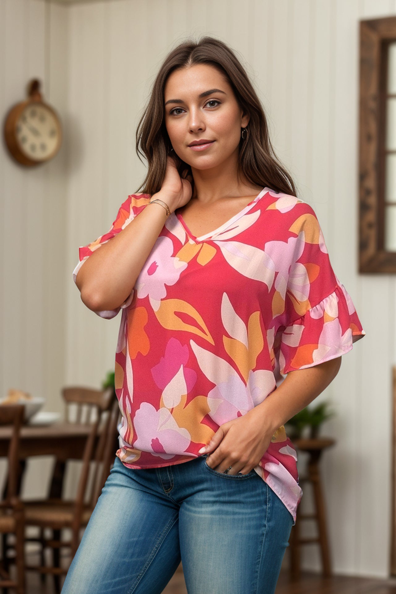 Floral In Coral - Ruffle Sleeve  Boutique Simplified   