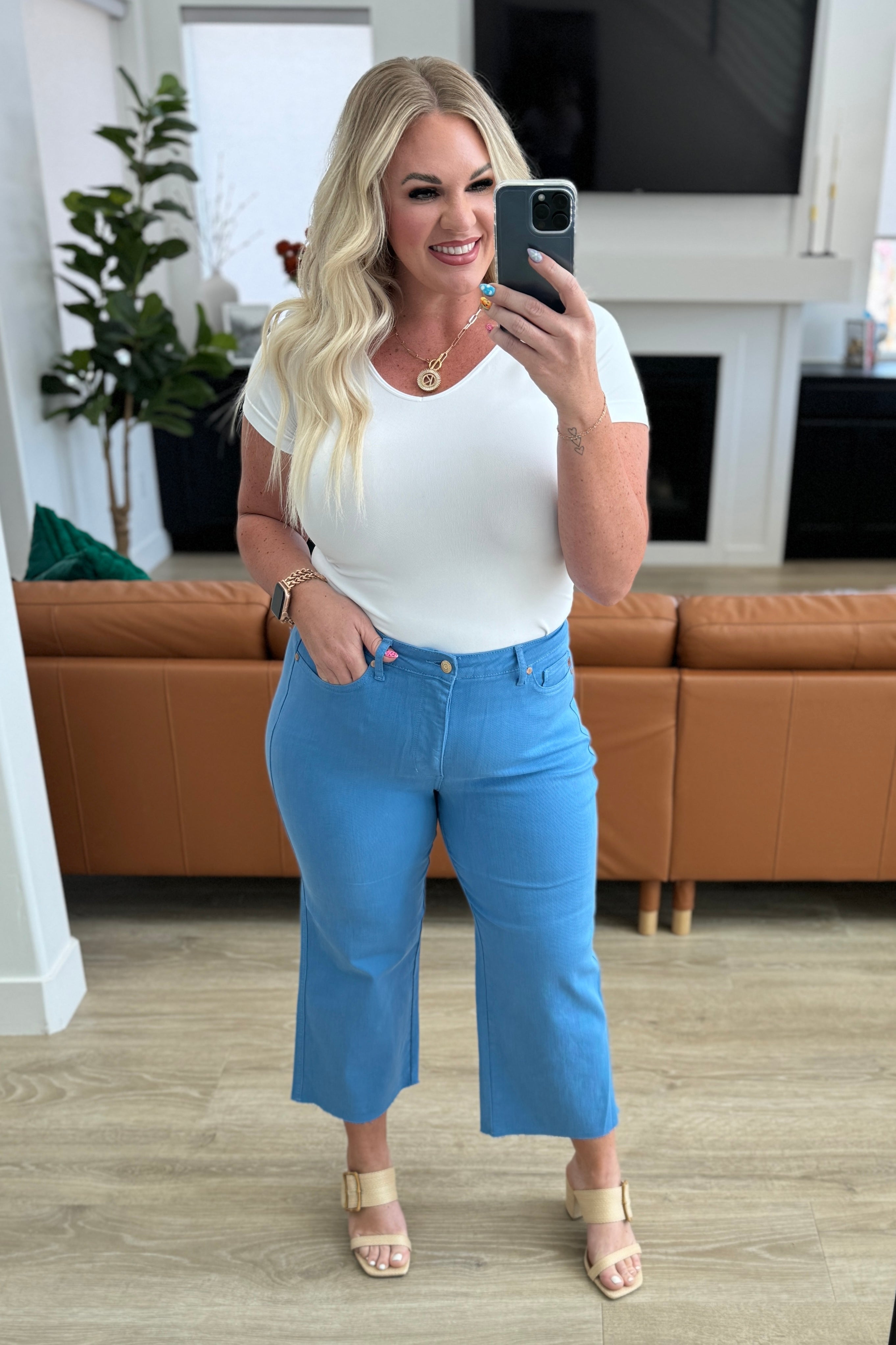 Lisa High Rise Control Top Wide Leg Crop Jeans in Sky Blue Denim Ave Shops   