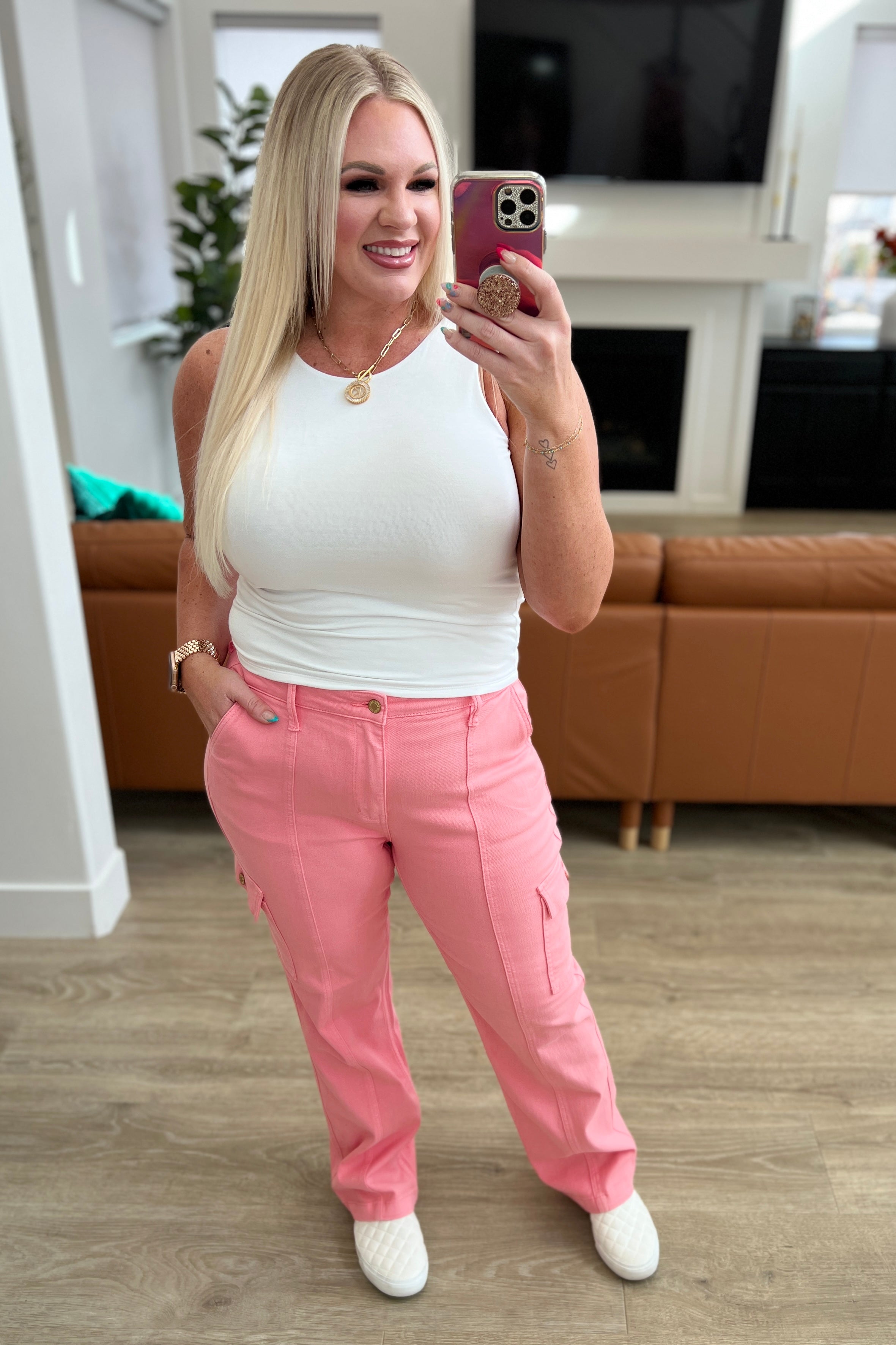 Judy Blue Peggy Pink High Rise Cargo Straight Jeans