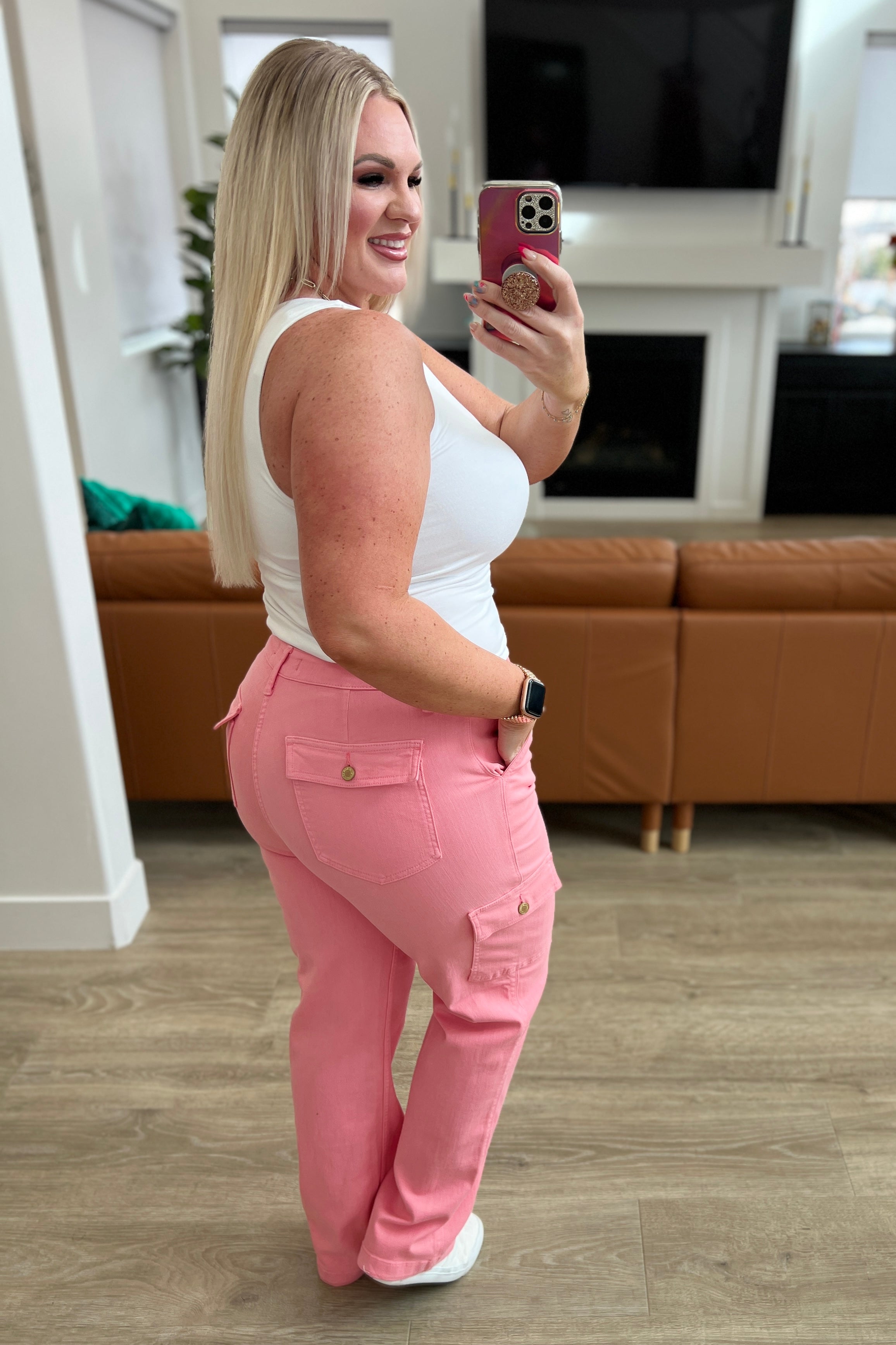 Judy Blue Peggy Pink High Rise Cargo Straight Jeans