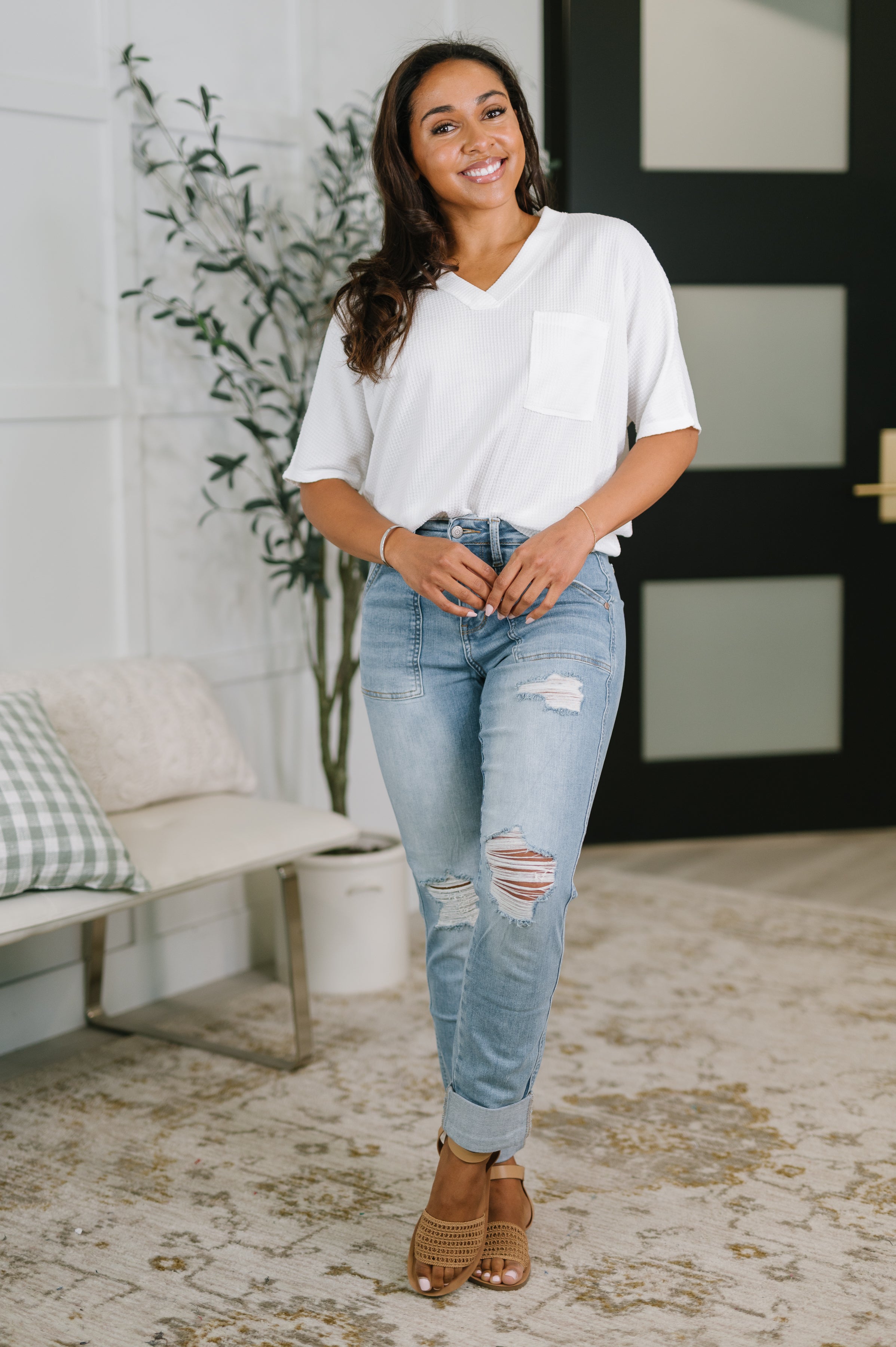 Judy Blue Aiden High Rise Patch Pocket Distressed Boyfriend Jeans