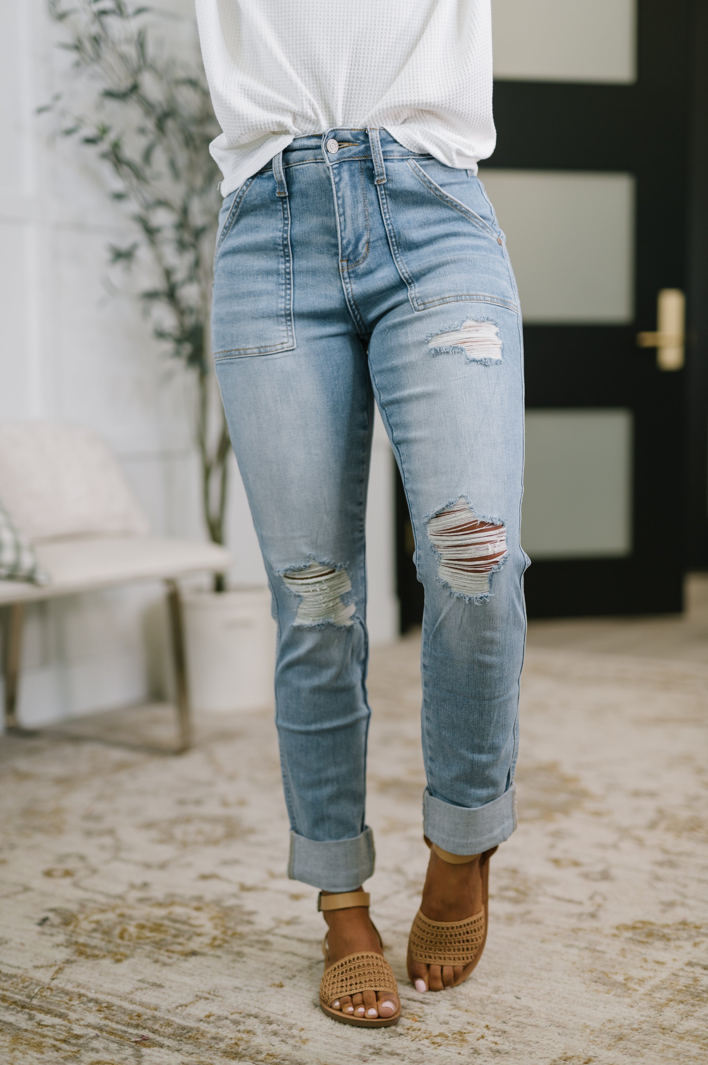 Judy Blue Aiden High Rise Patch Pocket Distressed Boyfriend Jeans