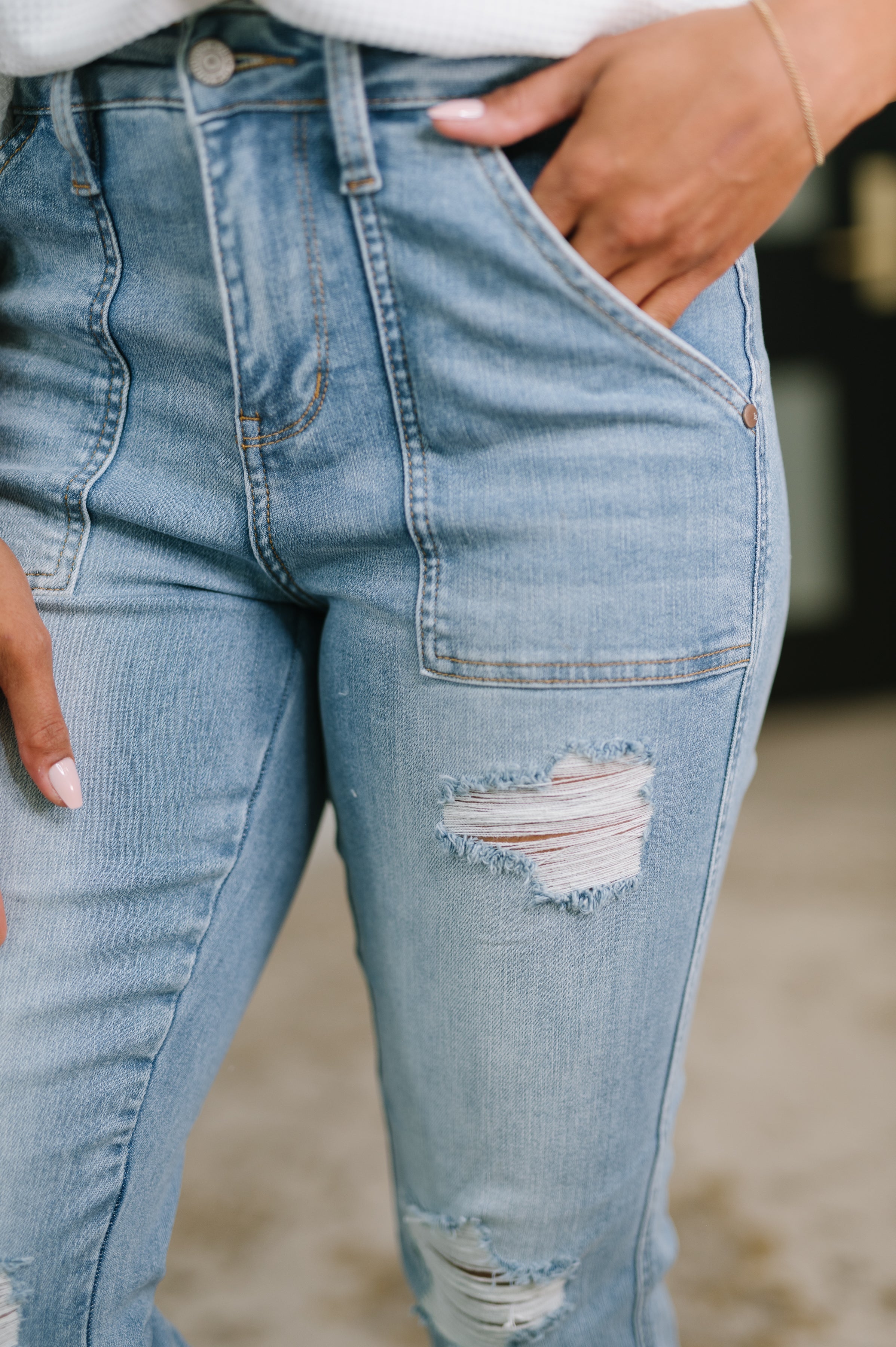 Judy Blue Aiden High Rise Patch Pocket Distressed Boyfriend Jeans
