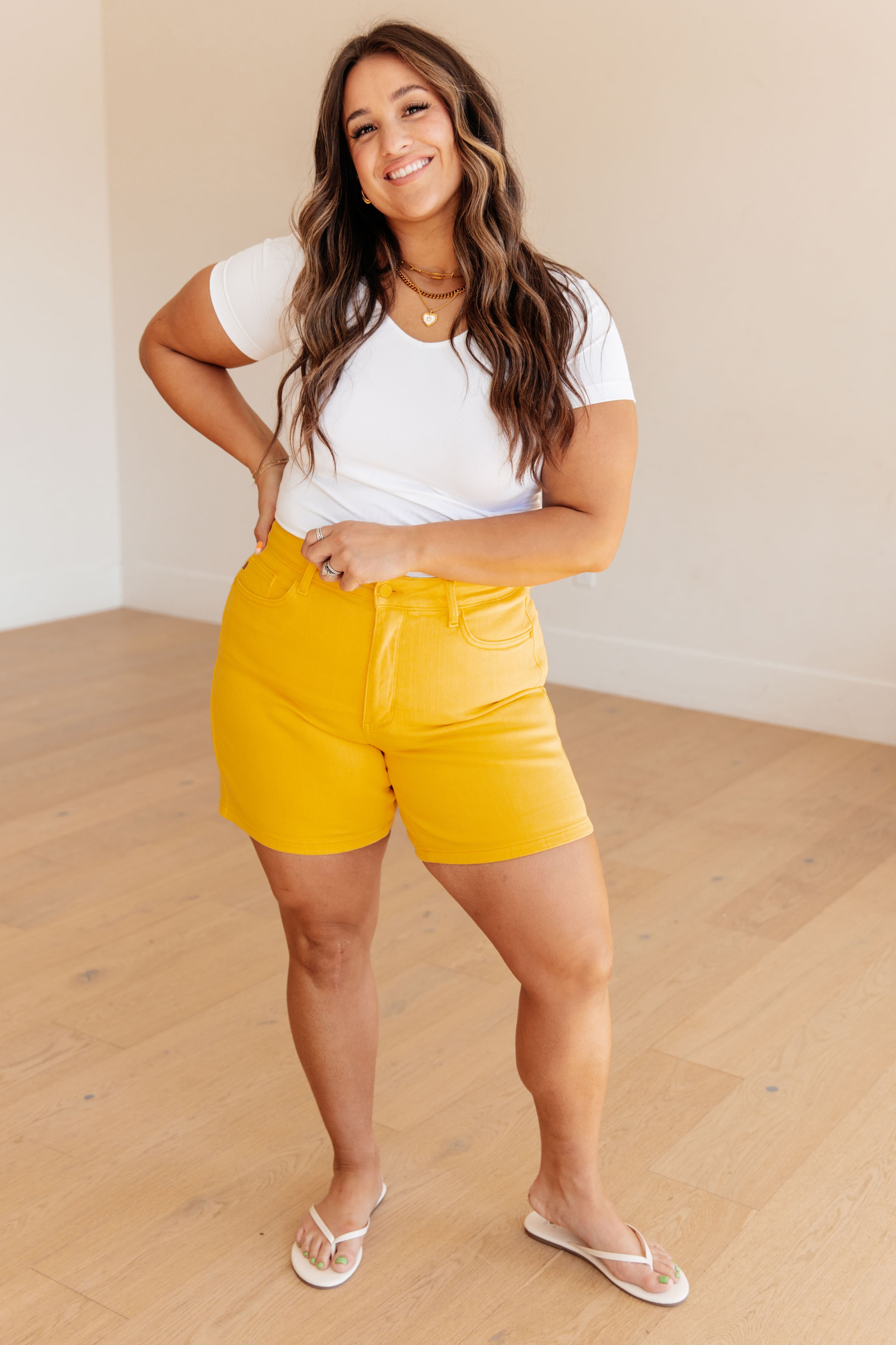 Jenna High Rise Control Top Cuffed Shorts in Yellow by Judy Blue Womens Ave Shops   
