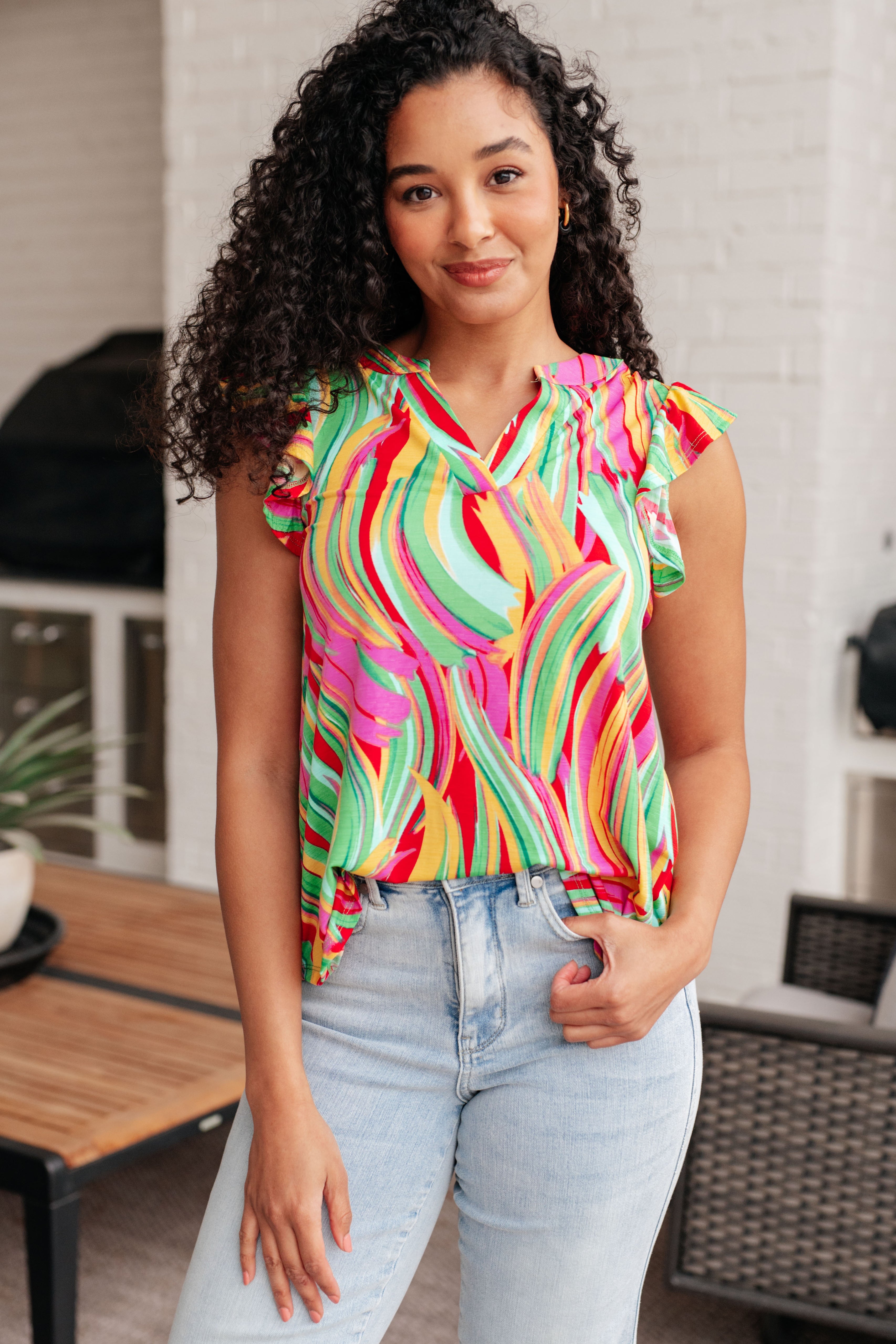 Lizzy Flutter Sleeve Top in Green Multi Abstract Stripe Tops Ave Shops   