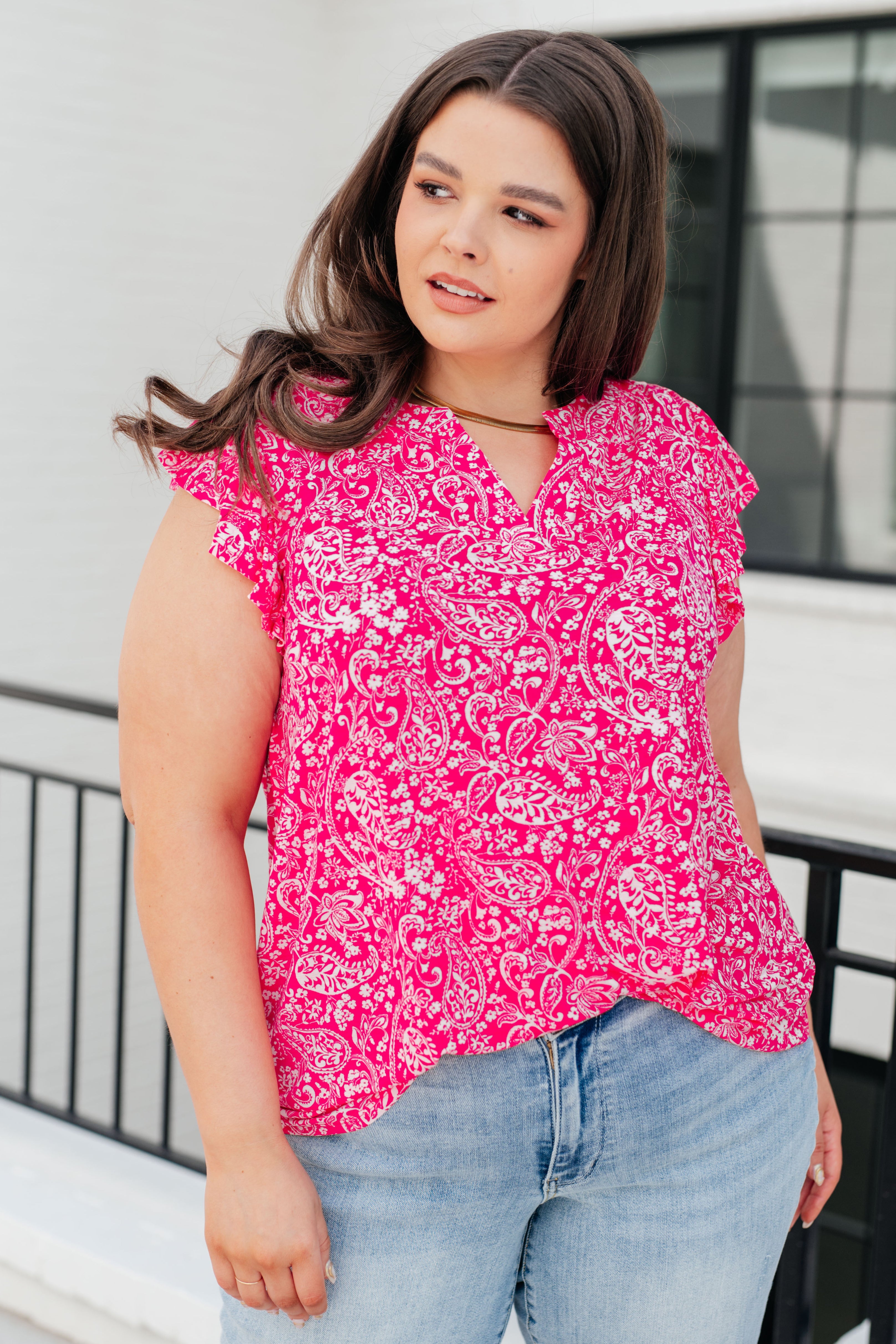 Lizzy Flutter Sleeve Top in Hot Pink and White Floral Tops Ave Shops   