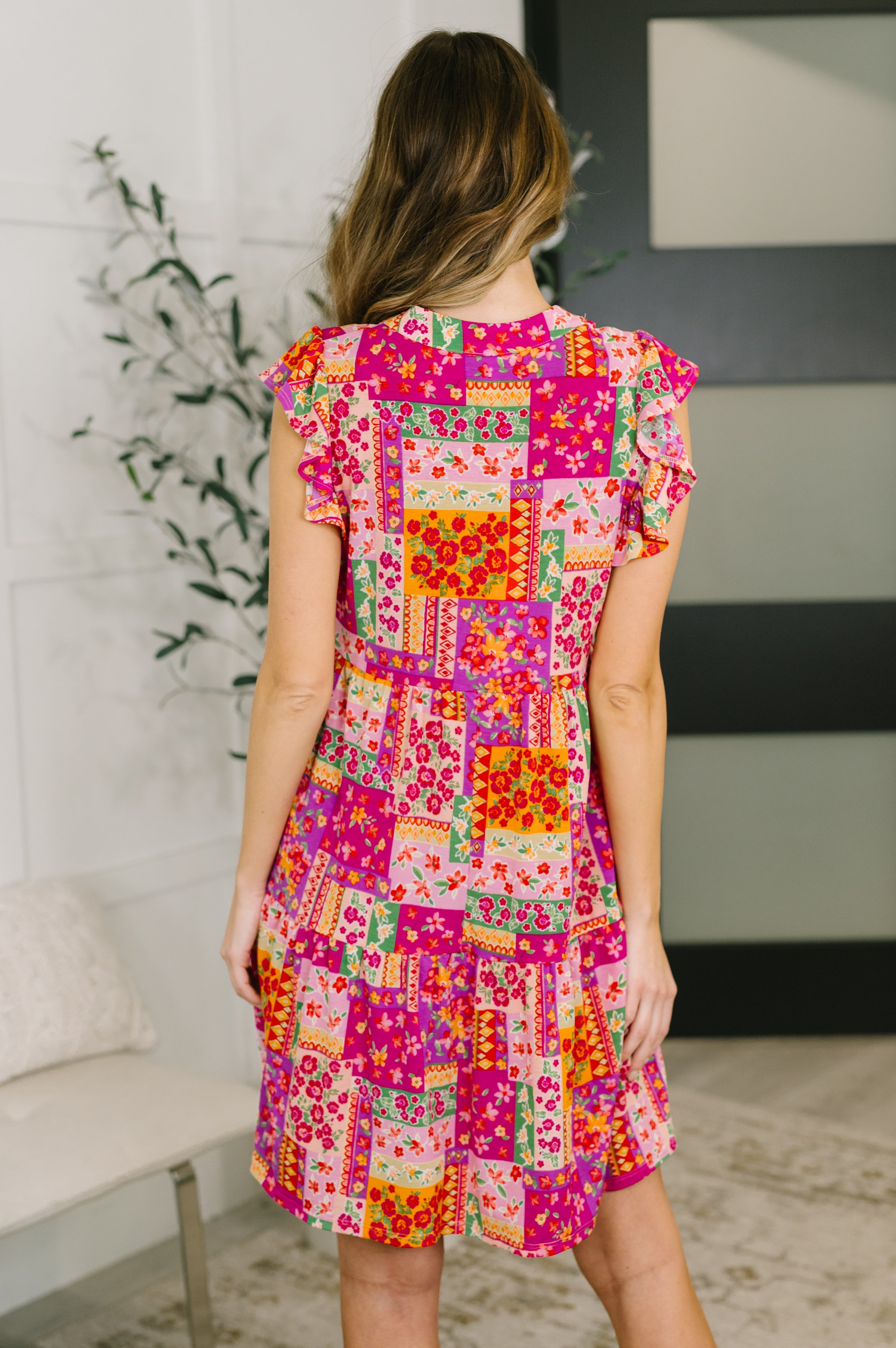 Lizzy Flutter Sleeve Dress in Patchwork Floral