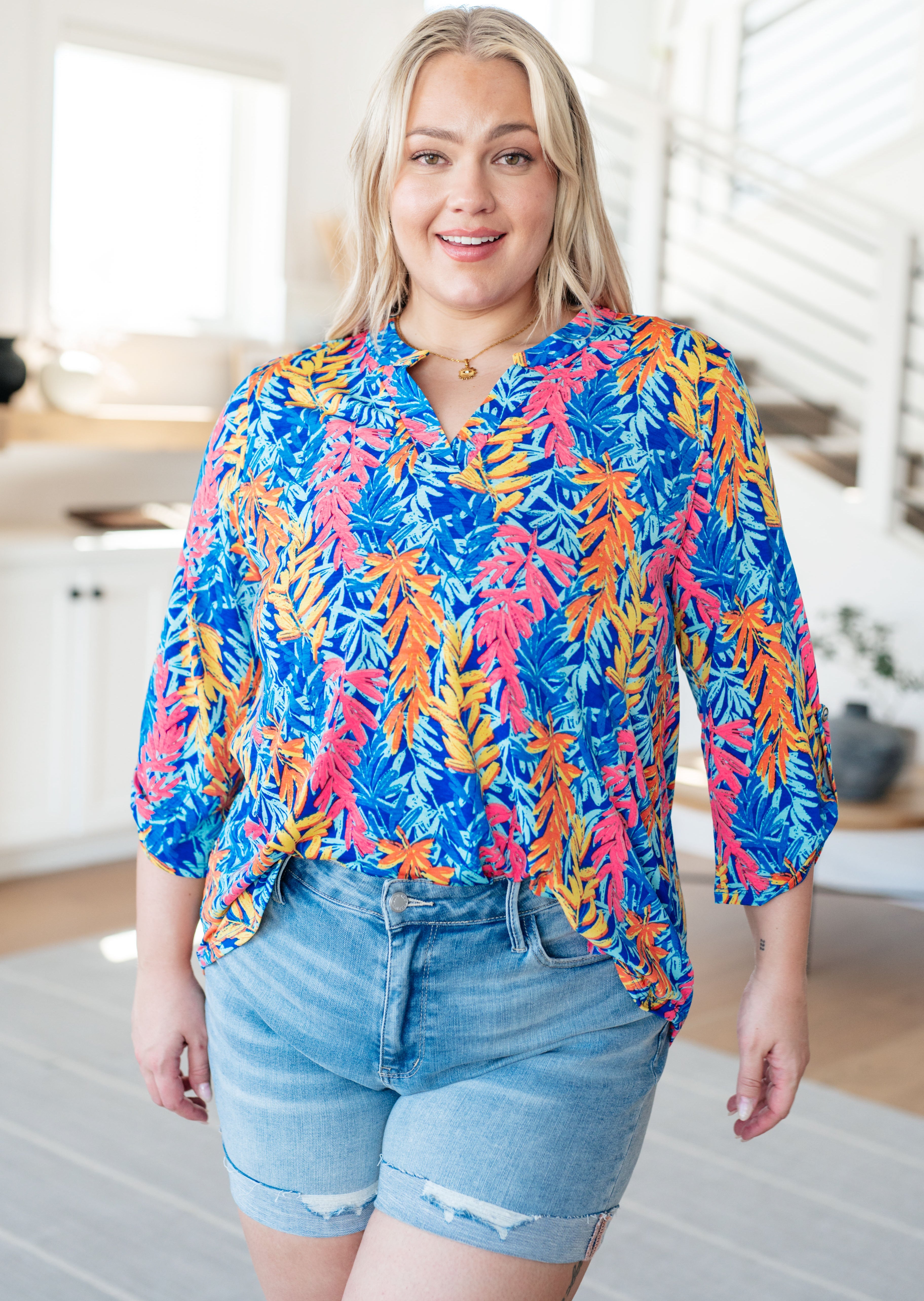 Lizzy Top in Blue and Pink Branches Tops Ave Shops   