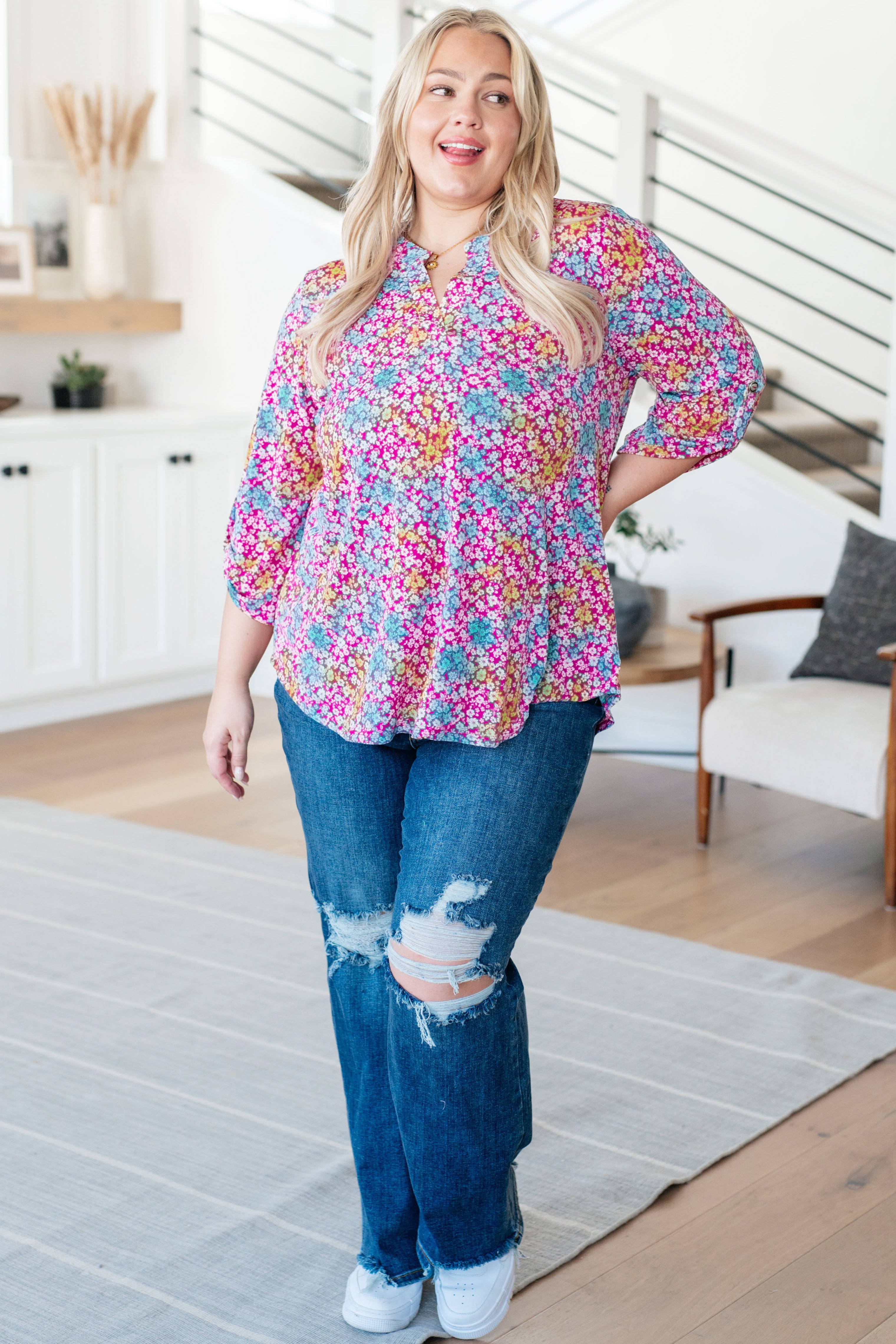 Lizzy Top in Pink and Aqua Ditsy Floral Tops Ave Shops   