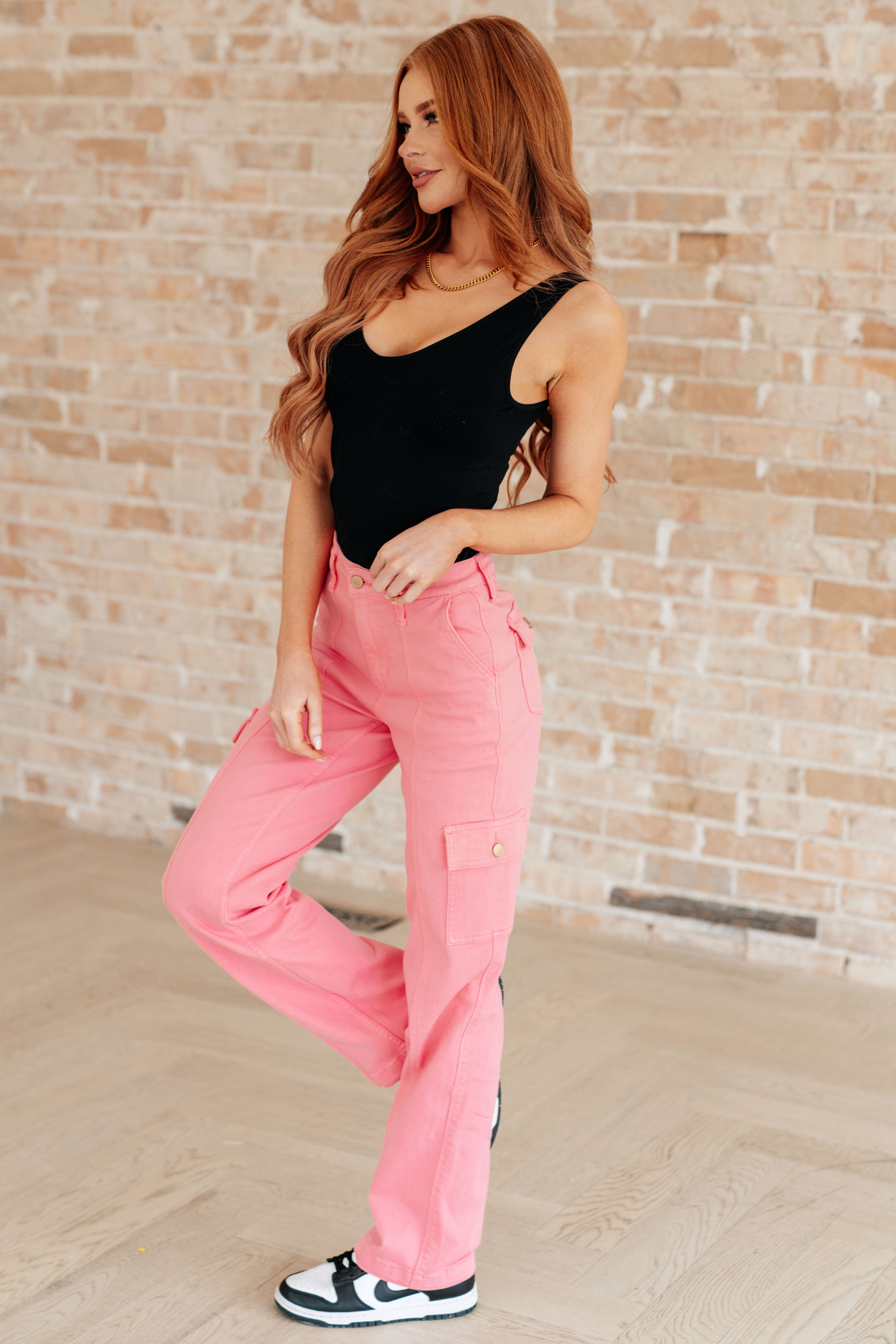 Judy Blue Peggy Pink High Rise Cargo Straight Jeans