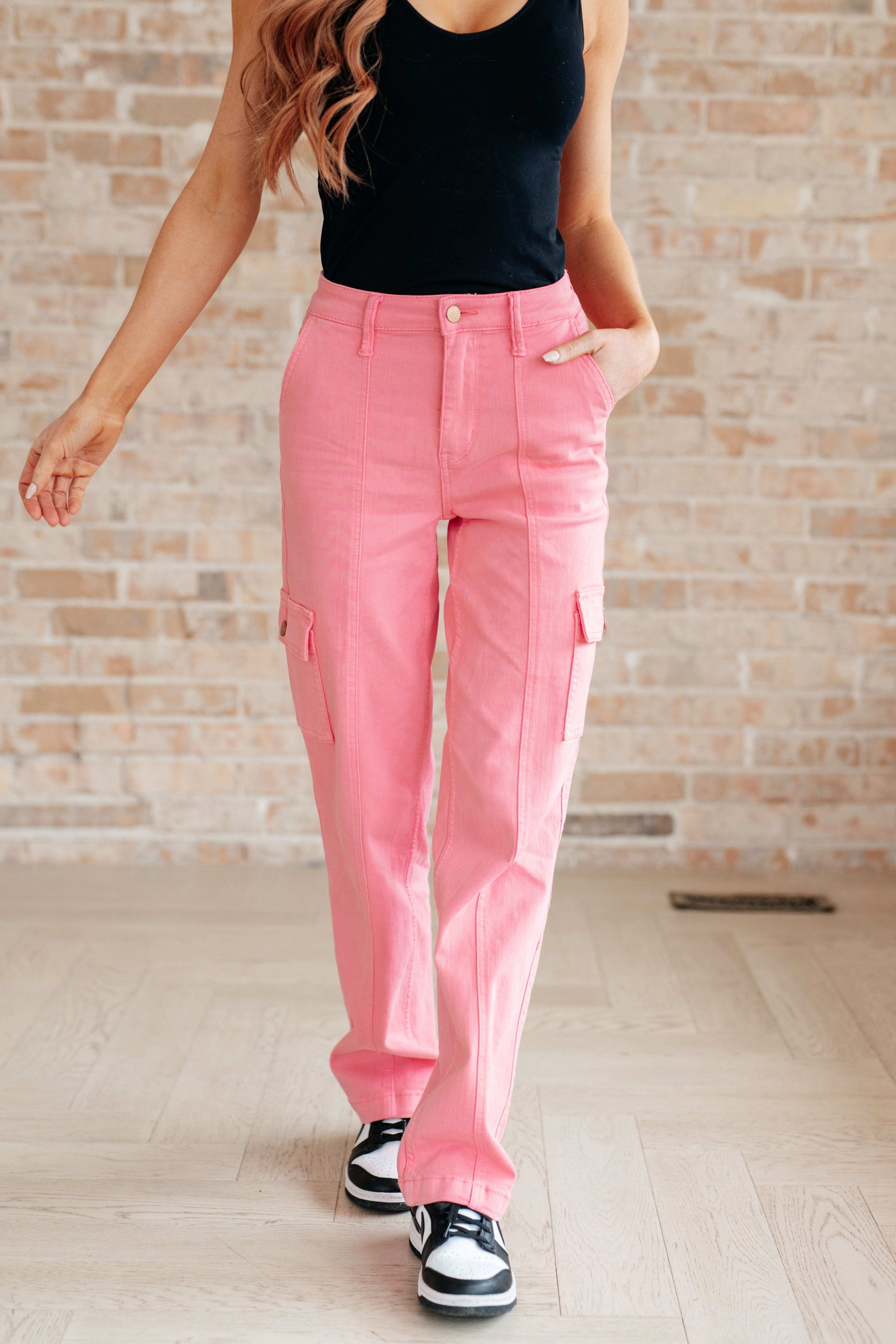 Judy Blue Peggy Pink High Rise Cargo Straight Jeans