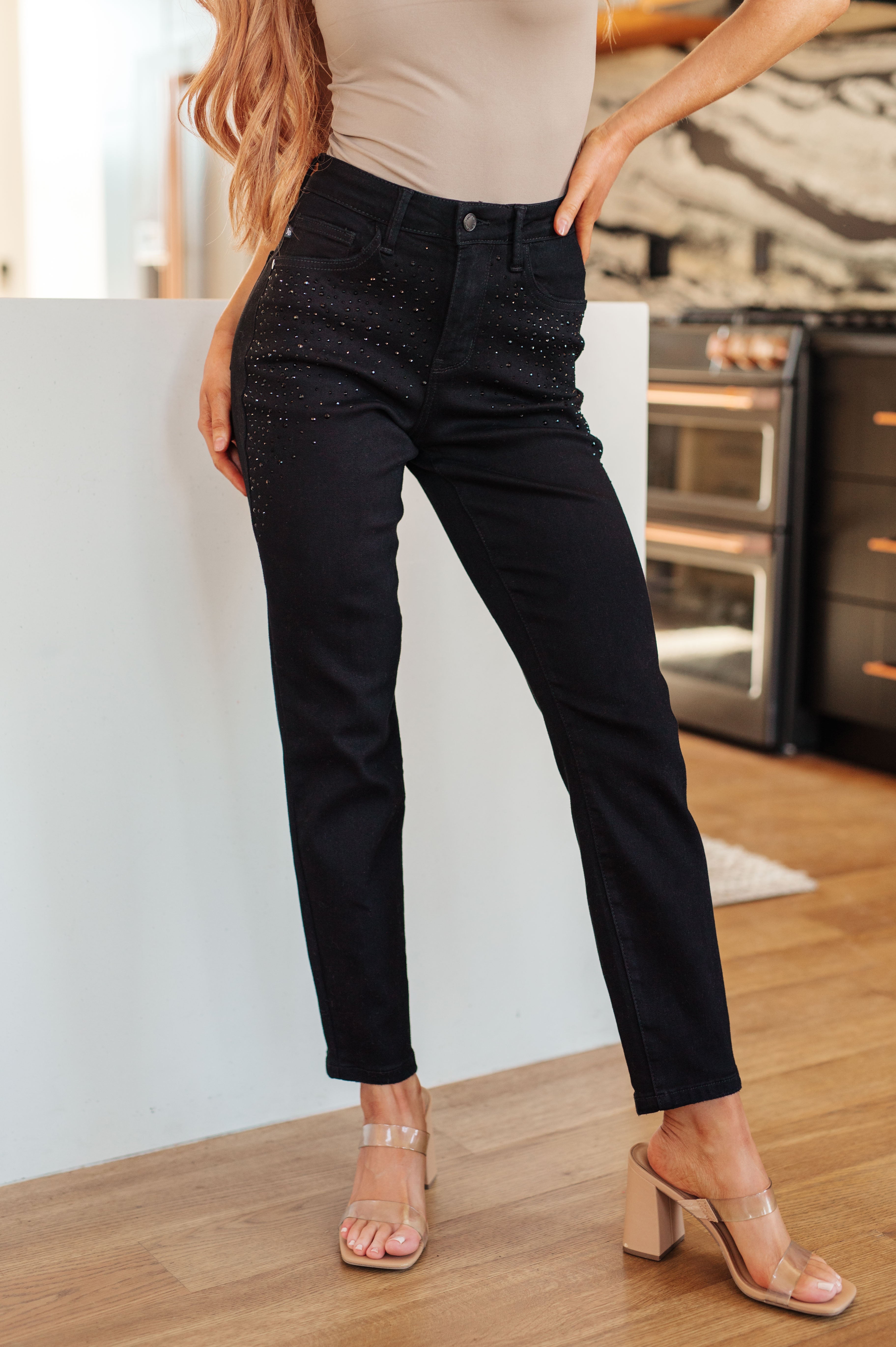 Reese Rhinestone Slim Fit Jeans in Black - Judy Blue Womens Ave Shops   