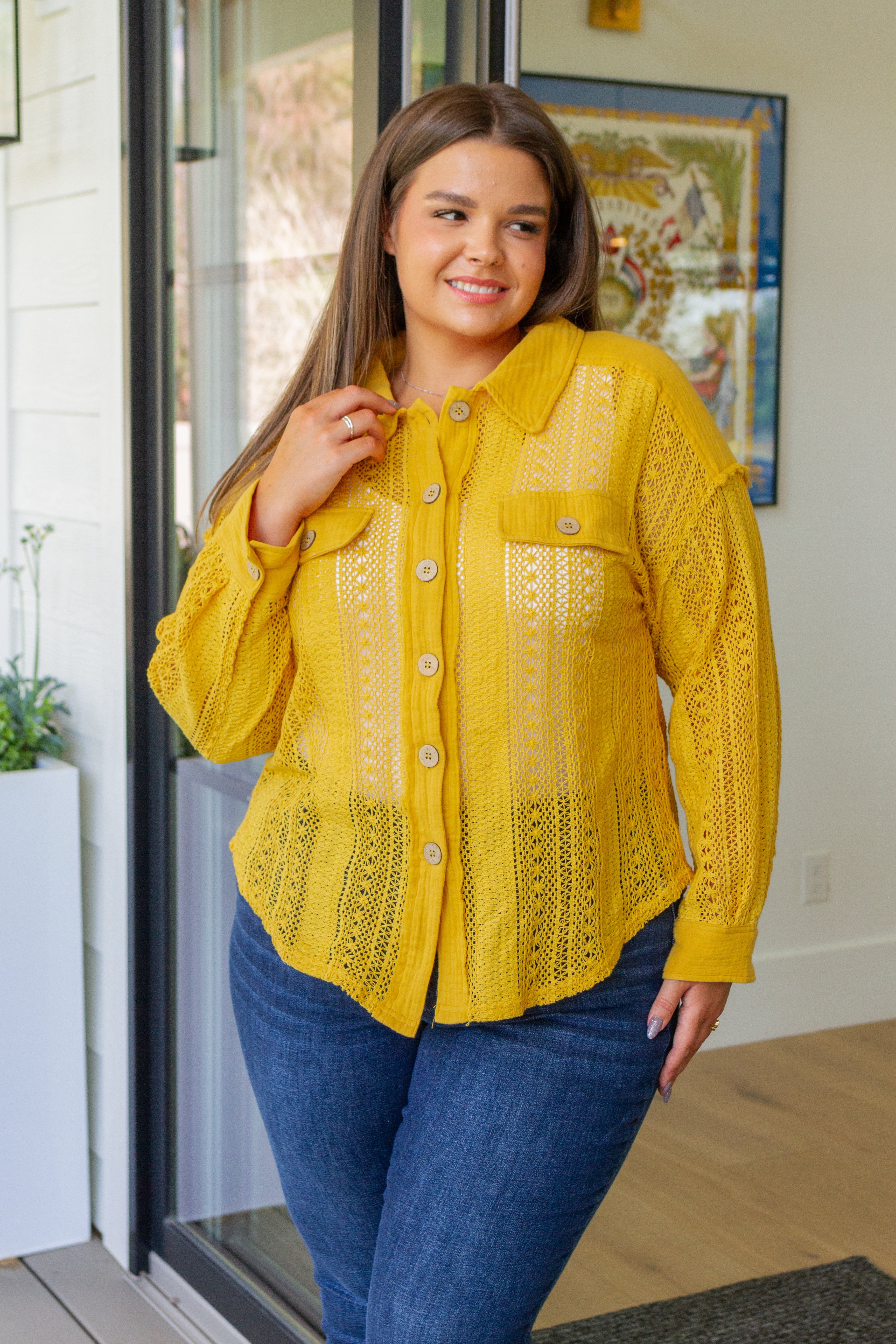 Sweeter Than Nectar Lace Button Down in Honey Tops Ave Shops