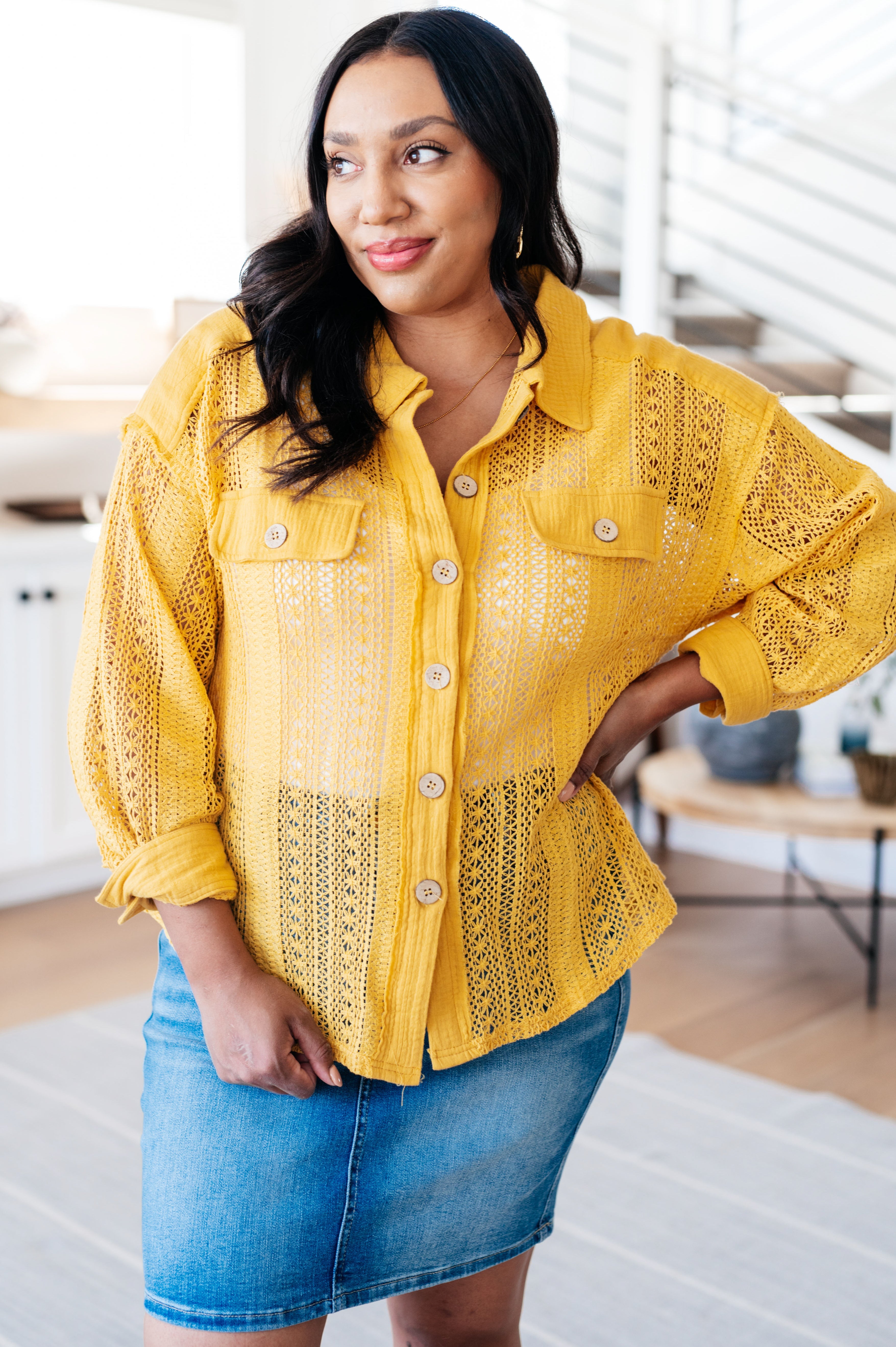Sweeter Than Nectar Lace Button Down in Honey Tops Ave Shops