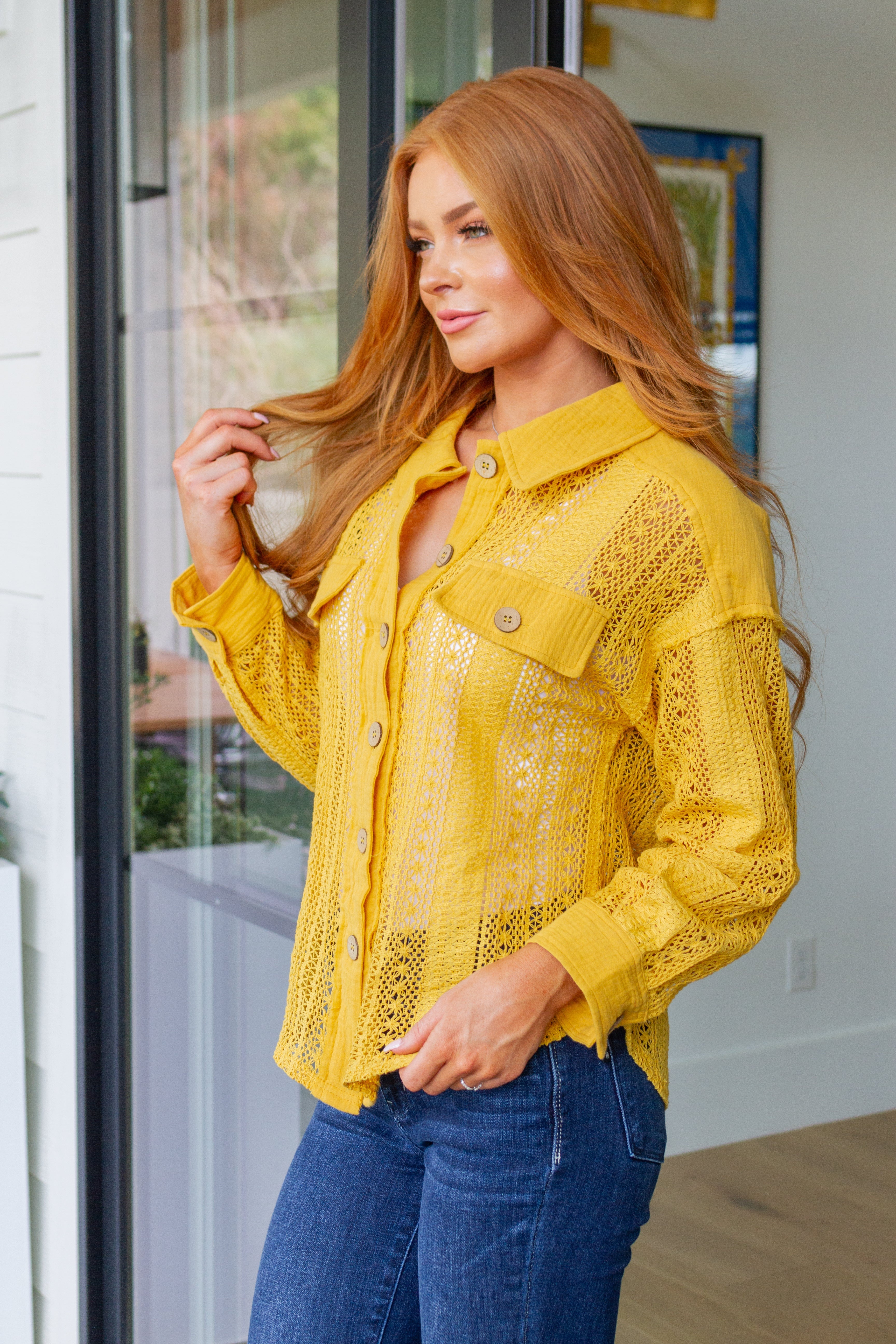 Sweeter Than Nectar Lace Button Down in Honey Tops Ave Shops