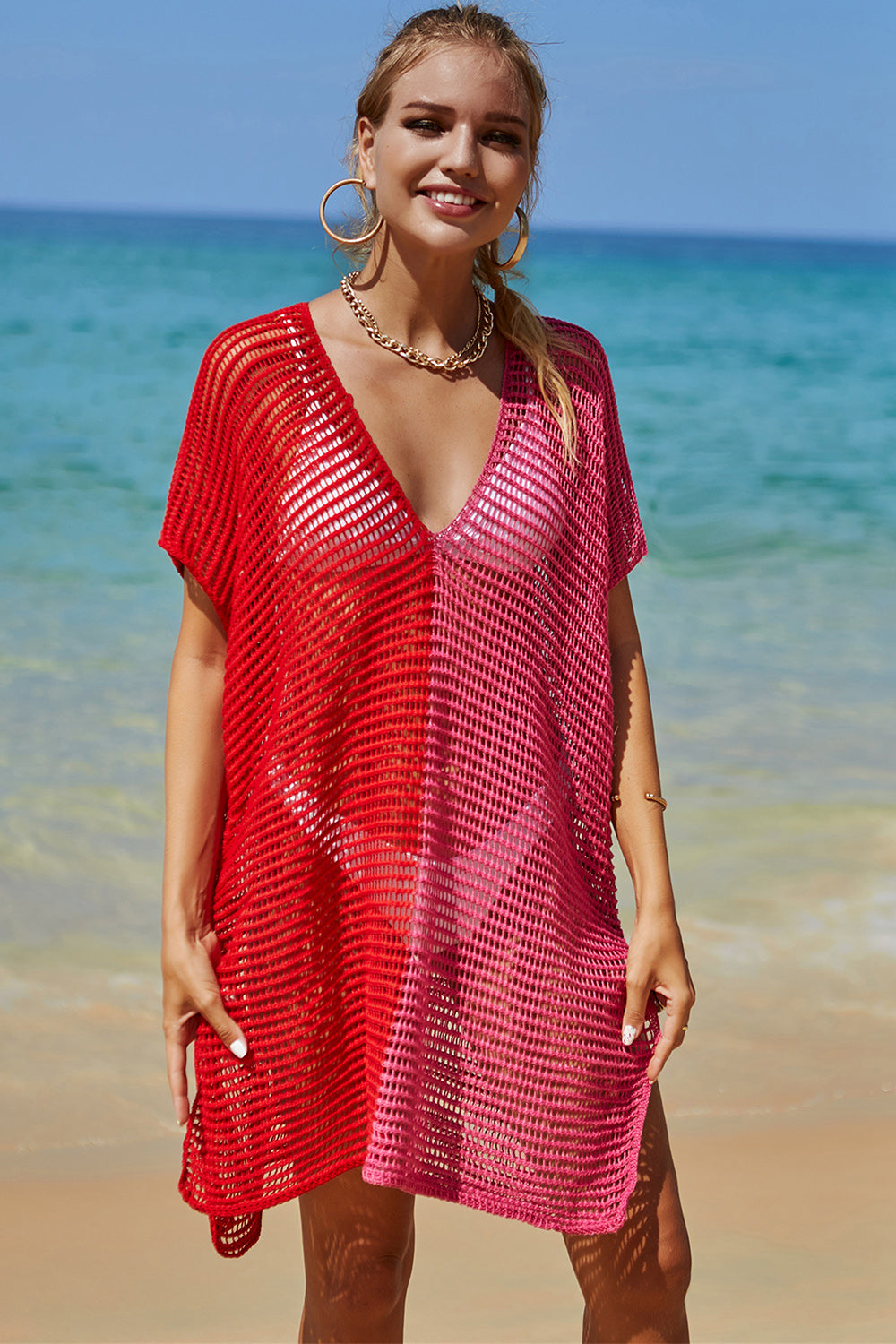 Double Take Openwork Contrast Slit Knit Cover Up Swimwear Trendsi Red One Size 
