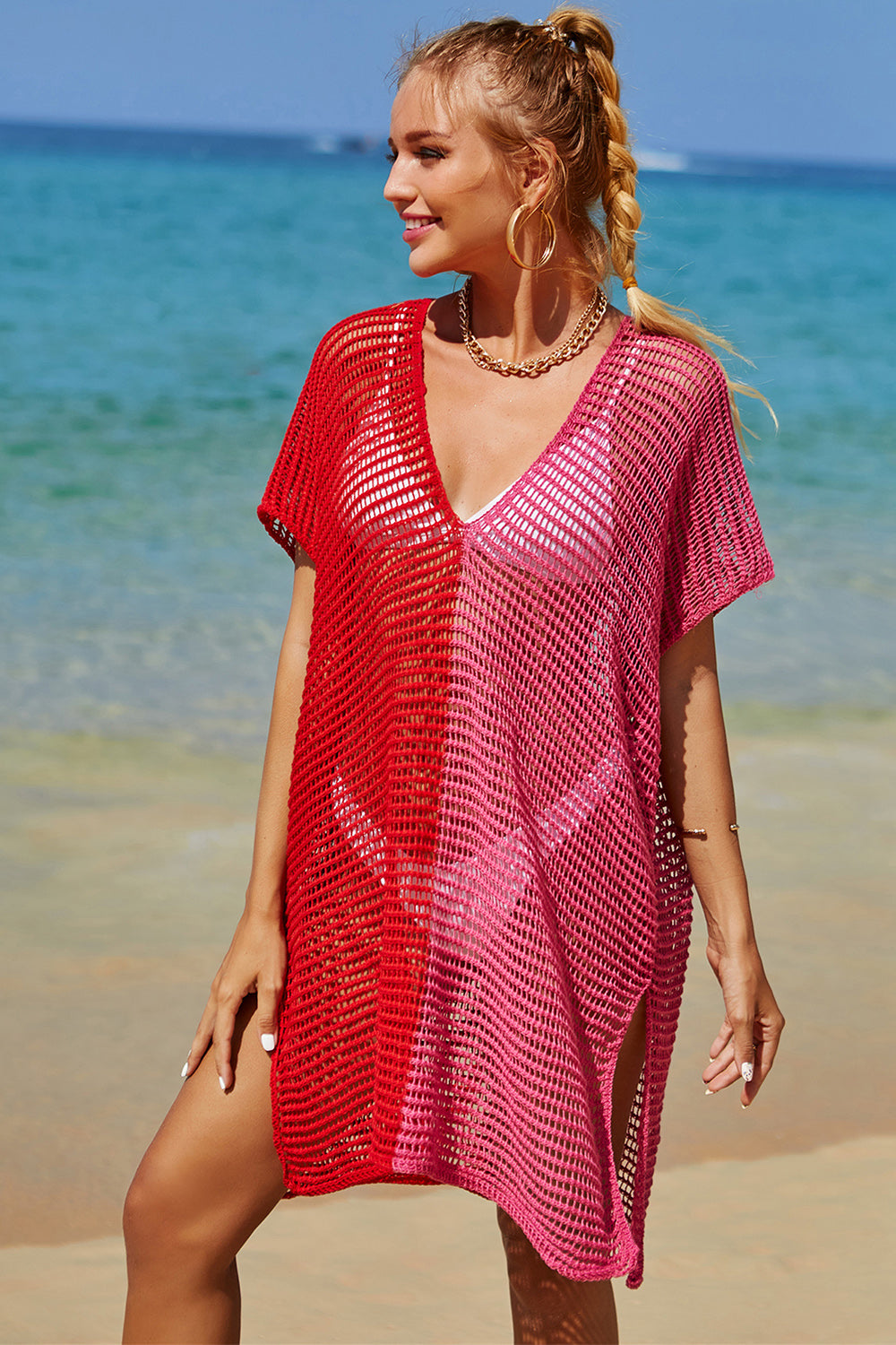 Double Take Openwork Contrast Slit Knit Cover Up Swimwear Trendsi   