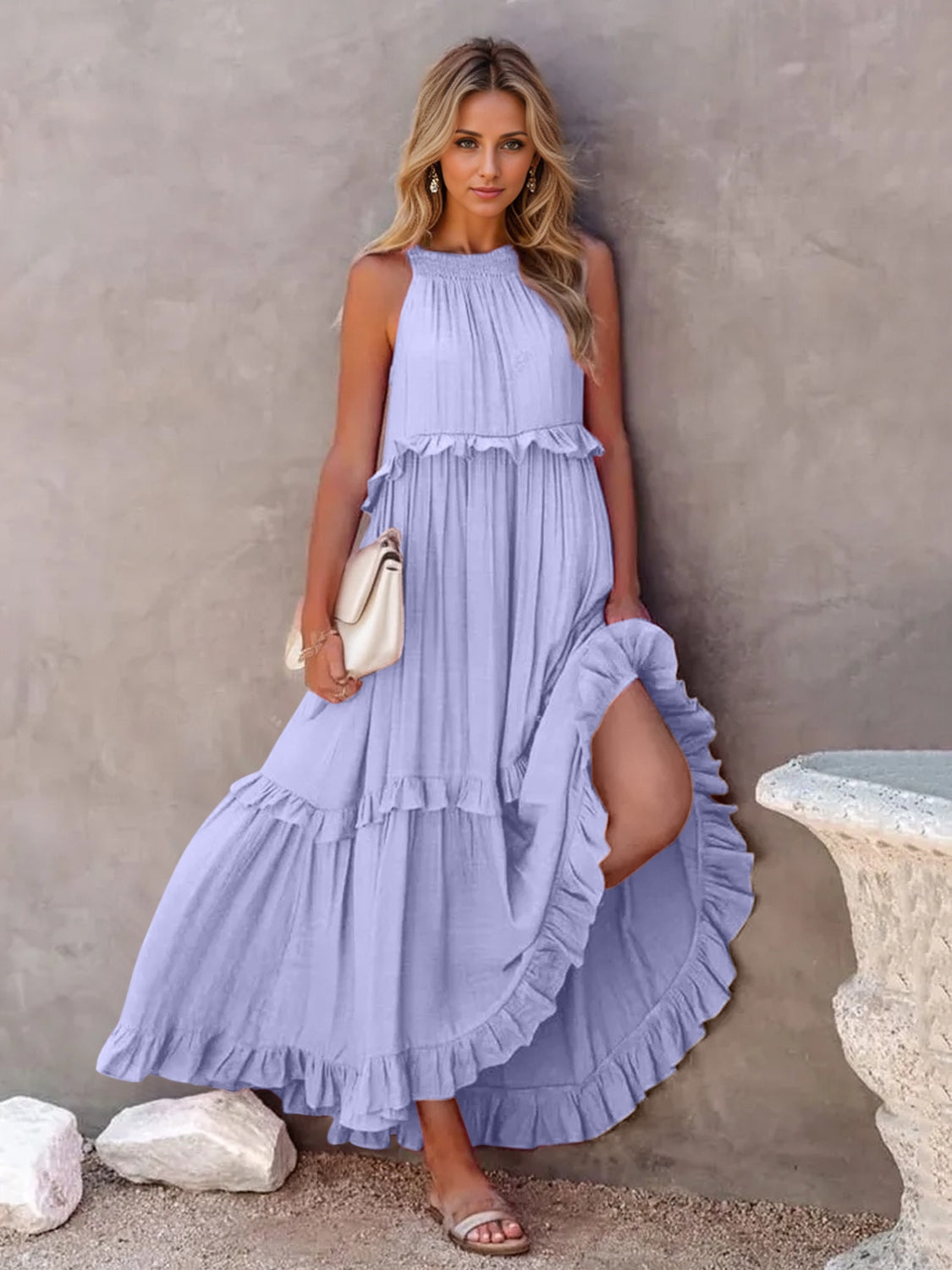 Ruffled Sleeveless Tiered Maxi Dress with Pockets Dress Trendsi   