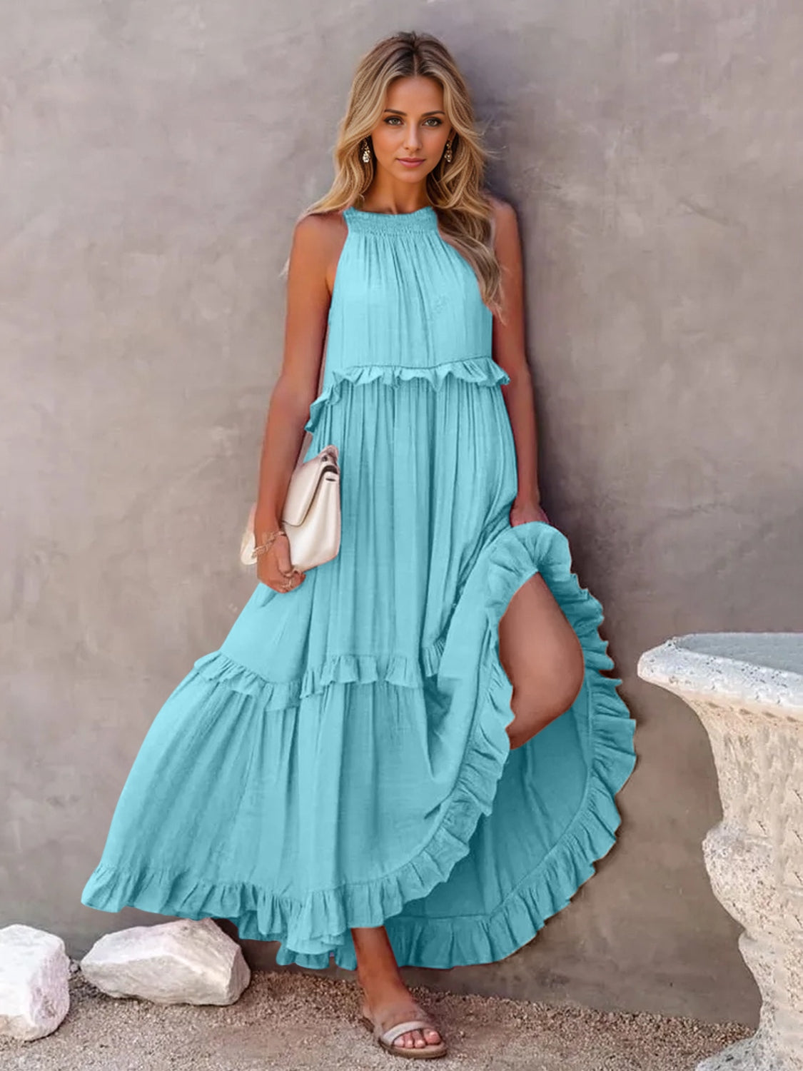 Ruffled Sleeveless Tiered Maxi Dress with Pockets Dress Trendsi Sky Blue S 