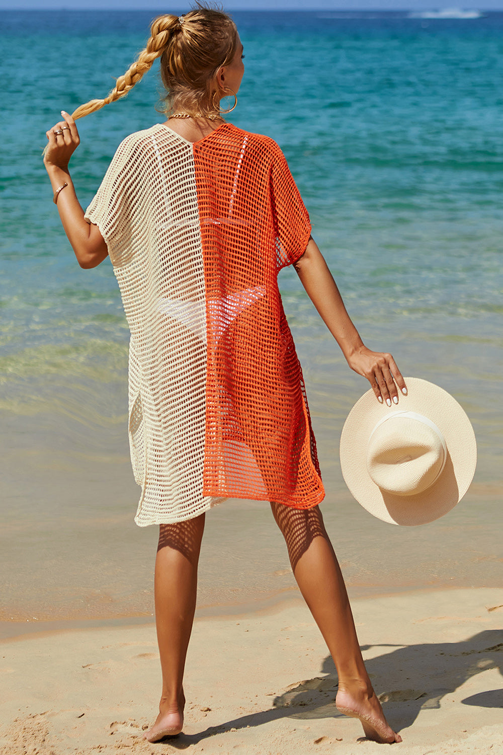 Double Take Openwork Contrast Slit Knit Cover Up Swimwear Trendsi   
