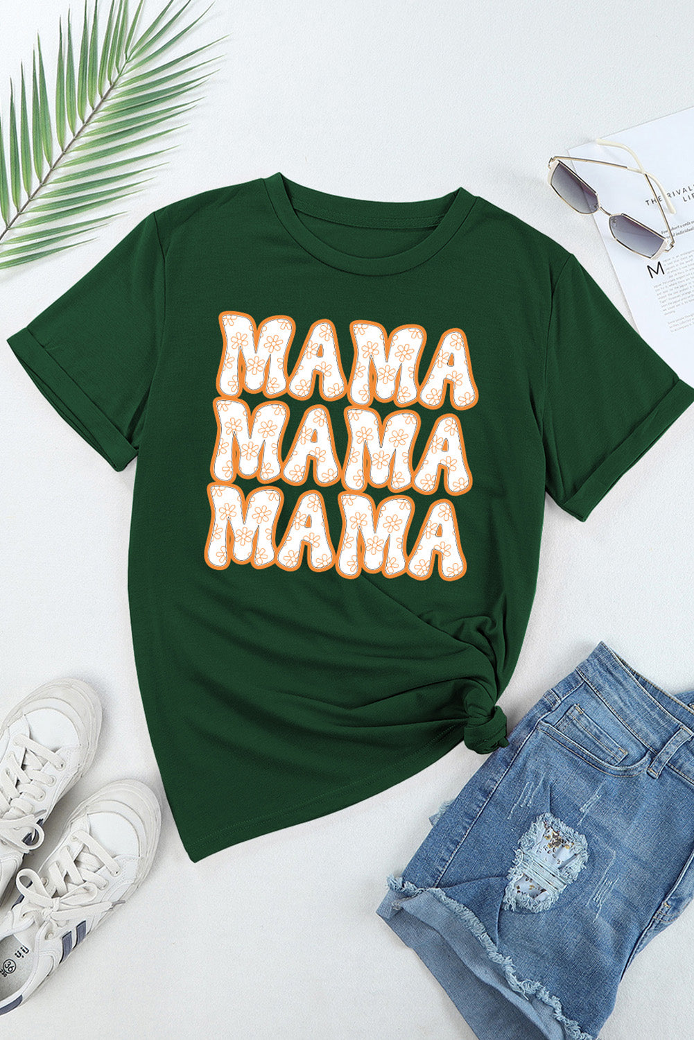MAMA Round Neck Short Sleeve T-Shirt Tops Trendsi   