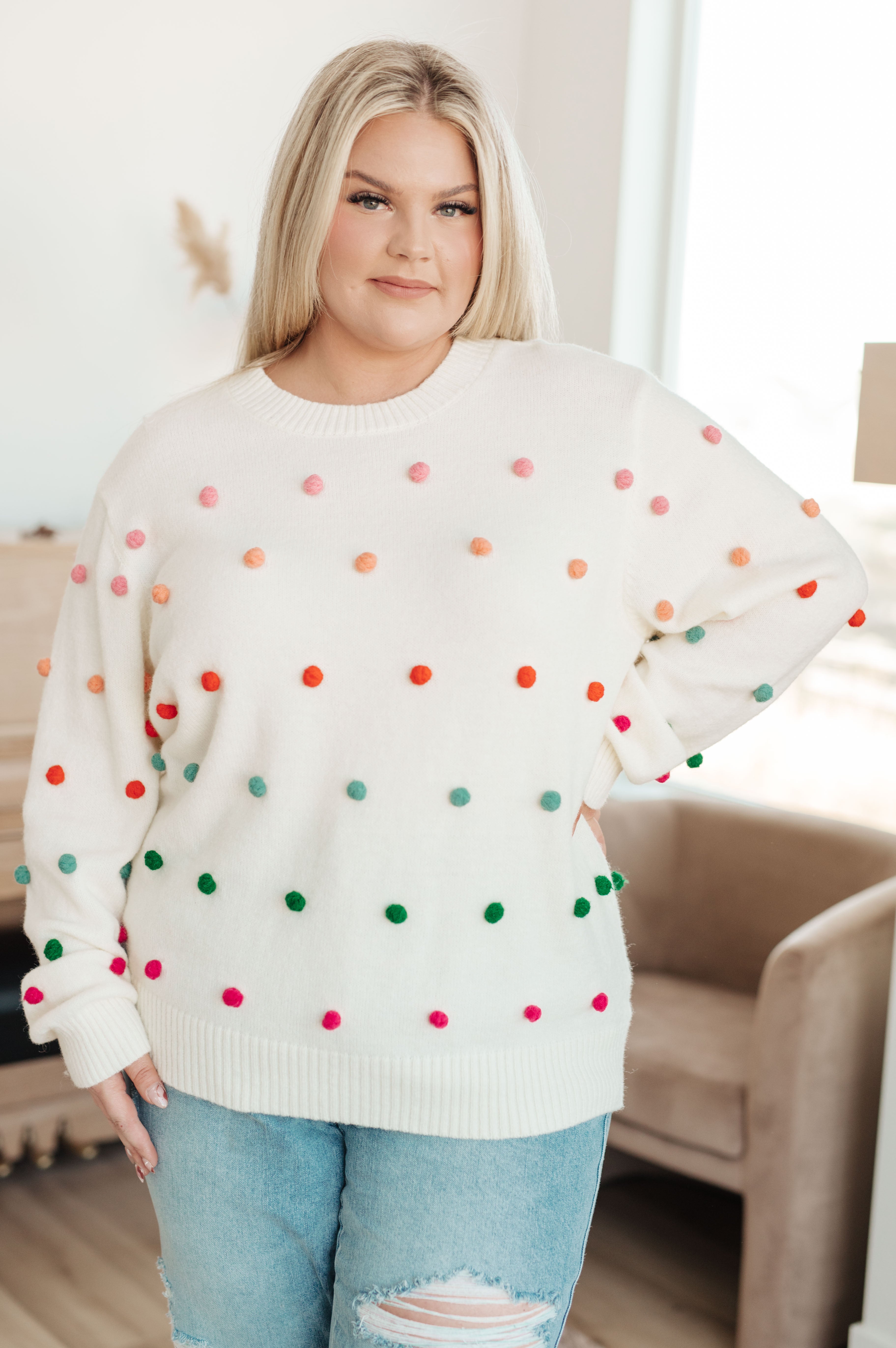 Candy Buttons Pom Detail Sweater Womens Ave Shops   