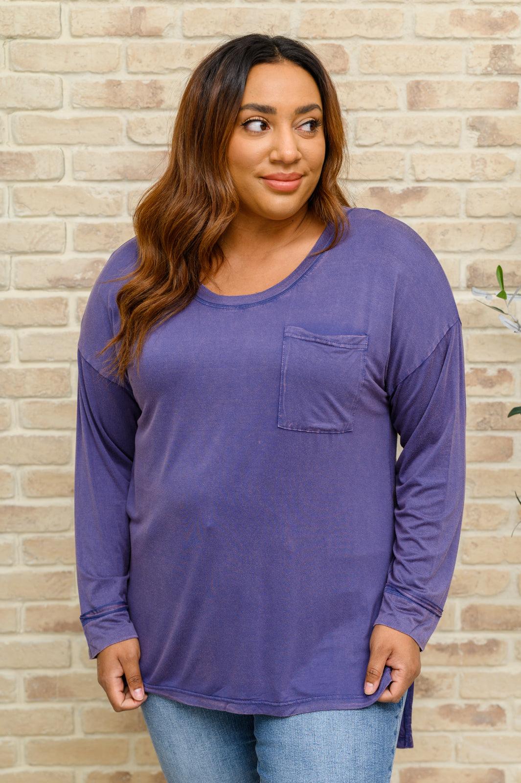 Long Sleeve Knit Top With Pocket In Denim Blue Womens Ave Shops   