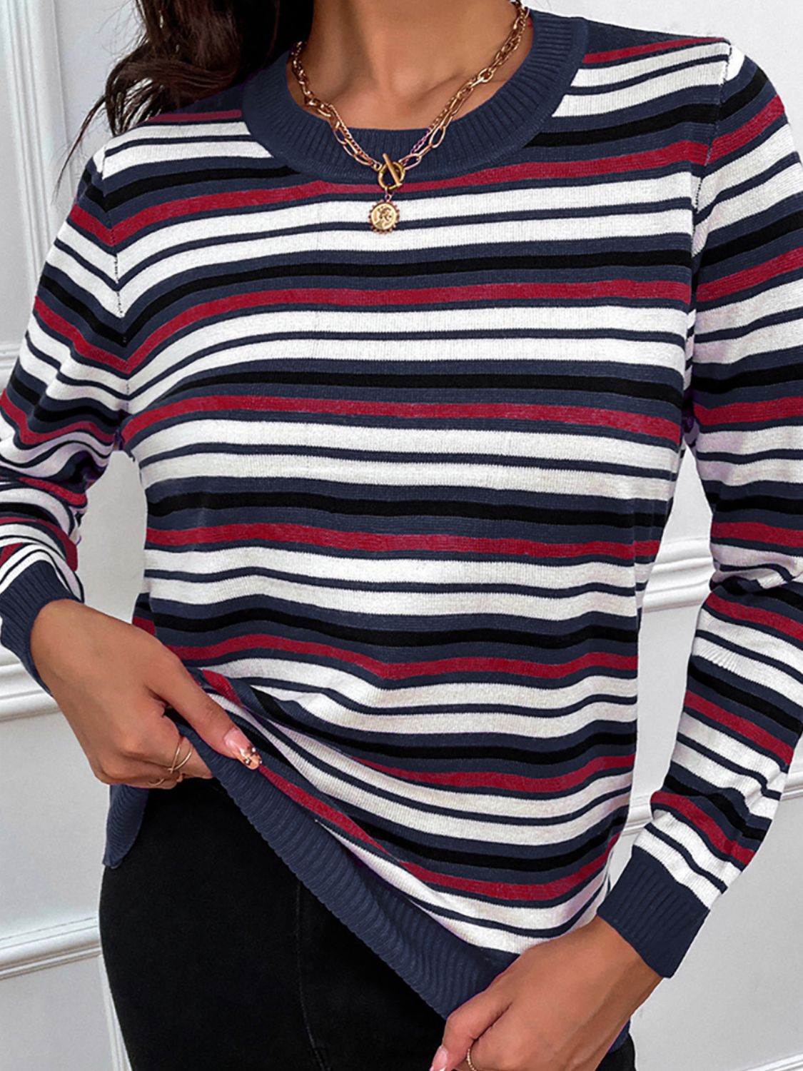 Shiny Striped Round Neck Long Sleeve Sweater