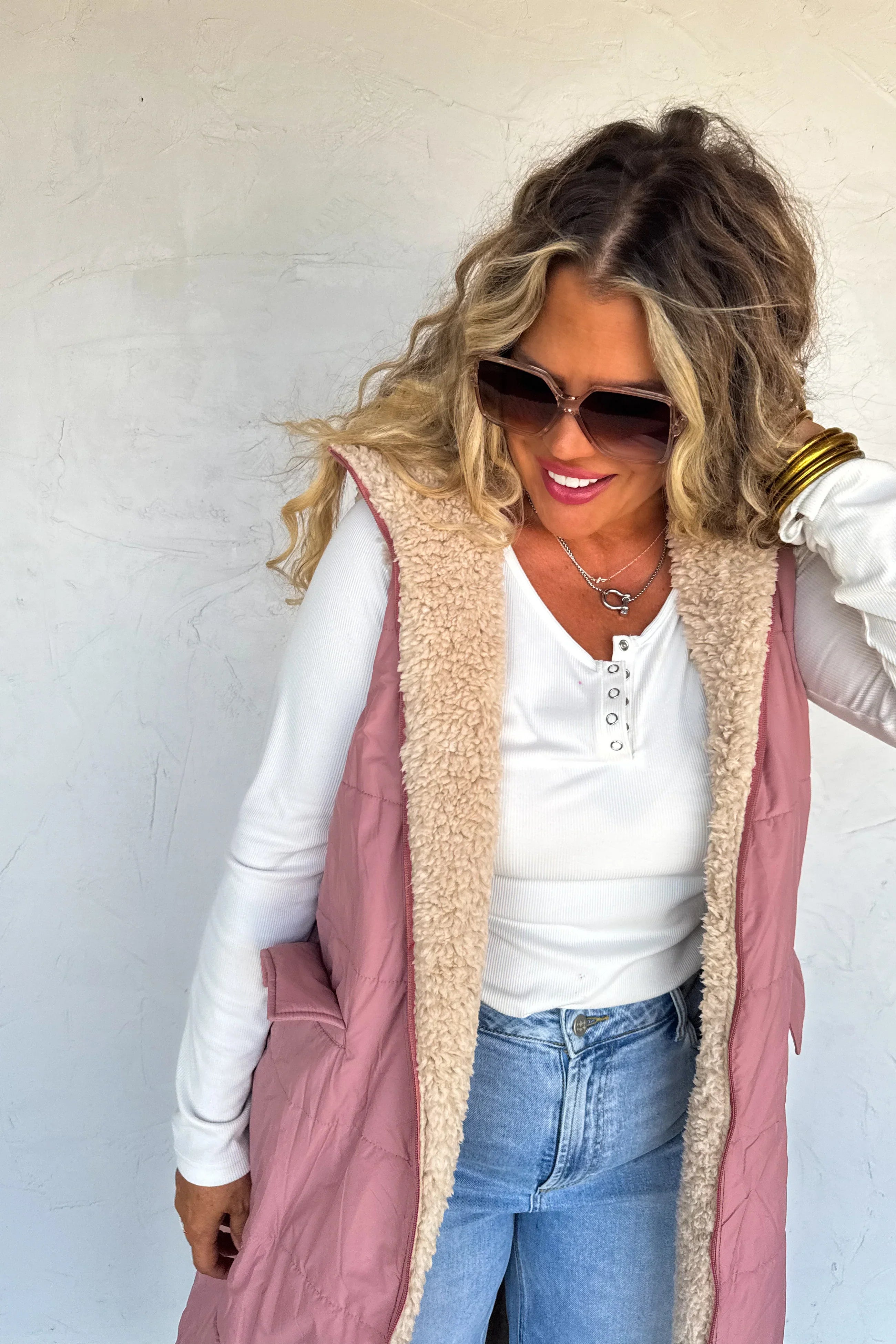 Long Reversible Sherpa Puffer Vest