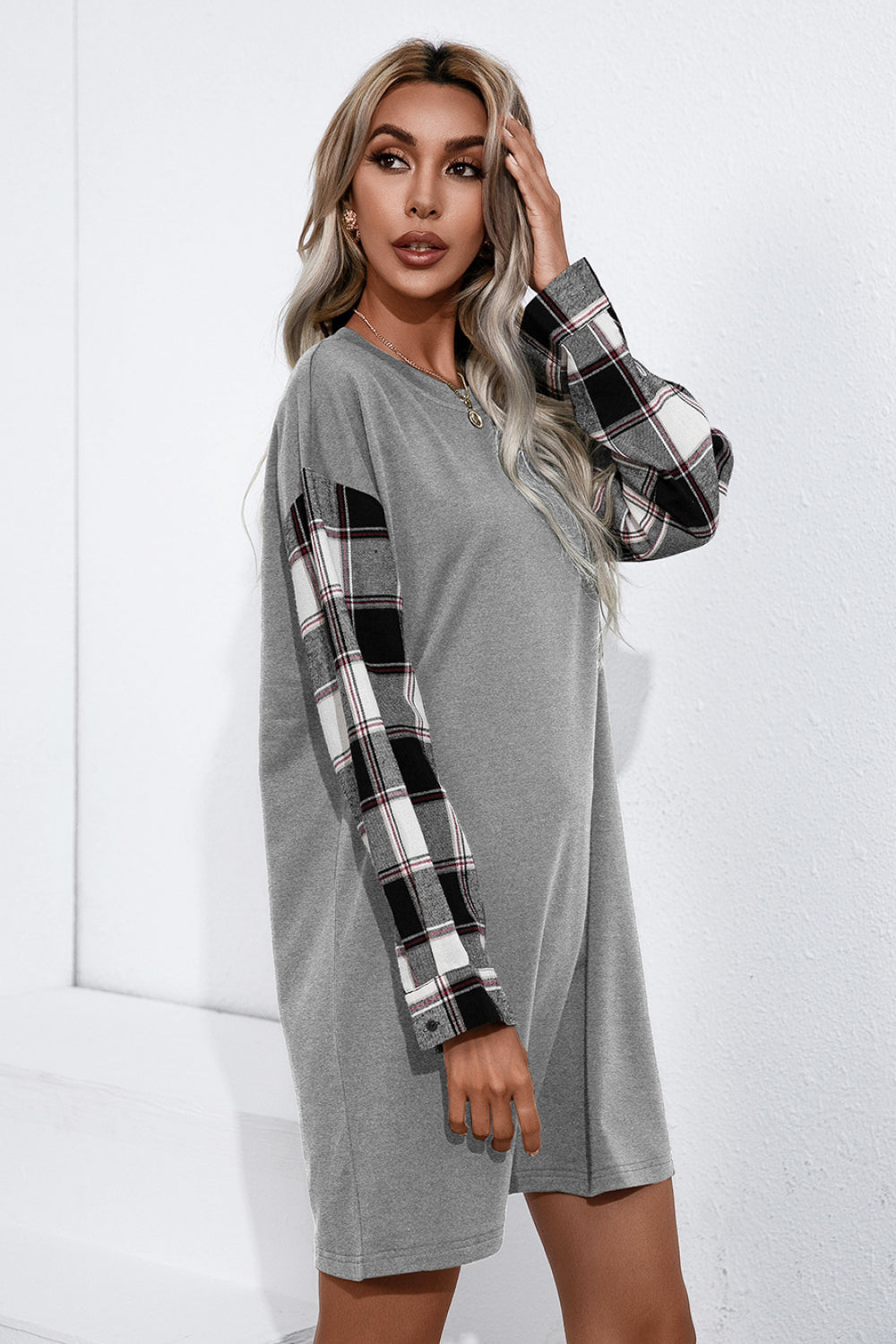 Ivy Lane Plaid Sleeve Contrast T-Shirt Dress