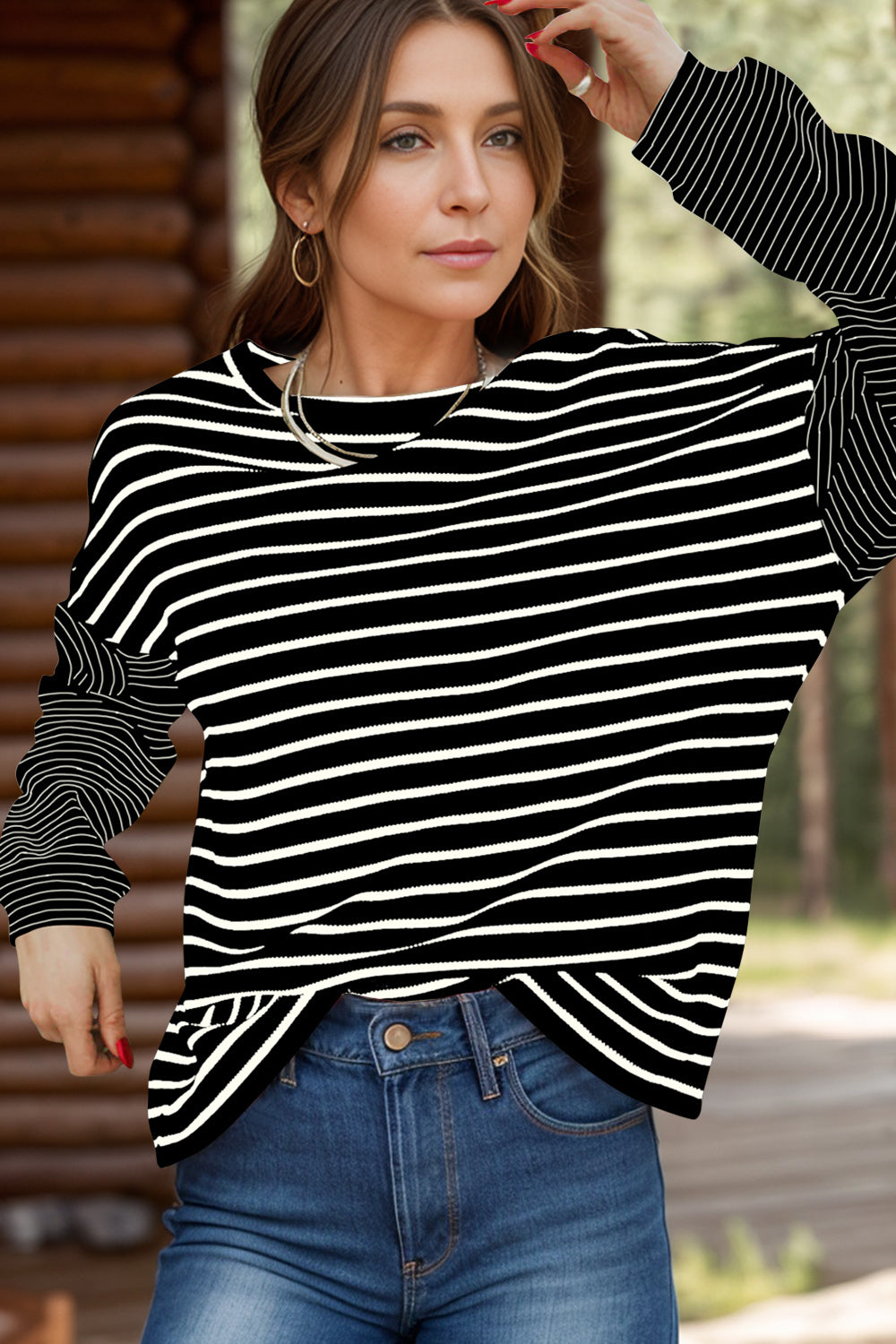 Striped Round Neck Dropped Shoulder Top