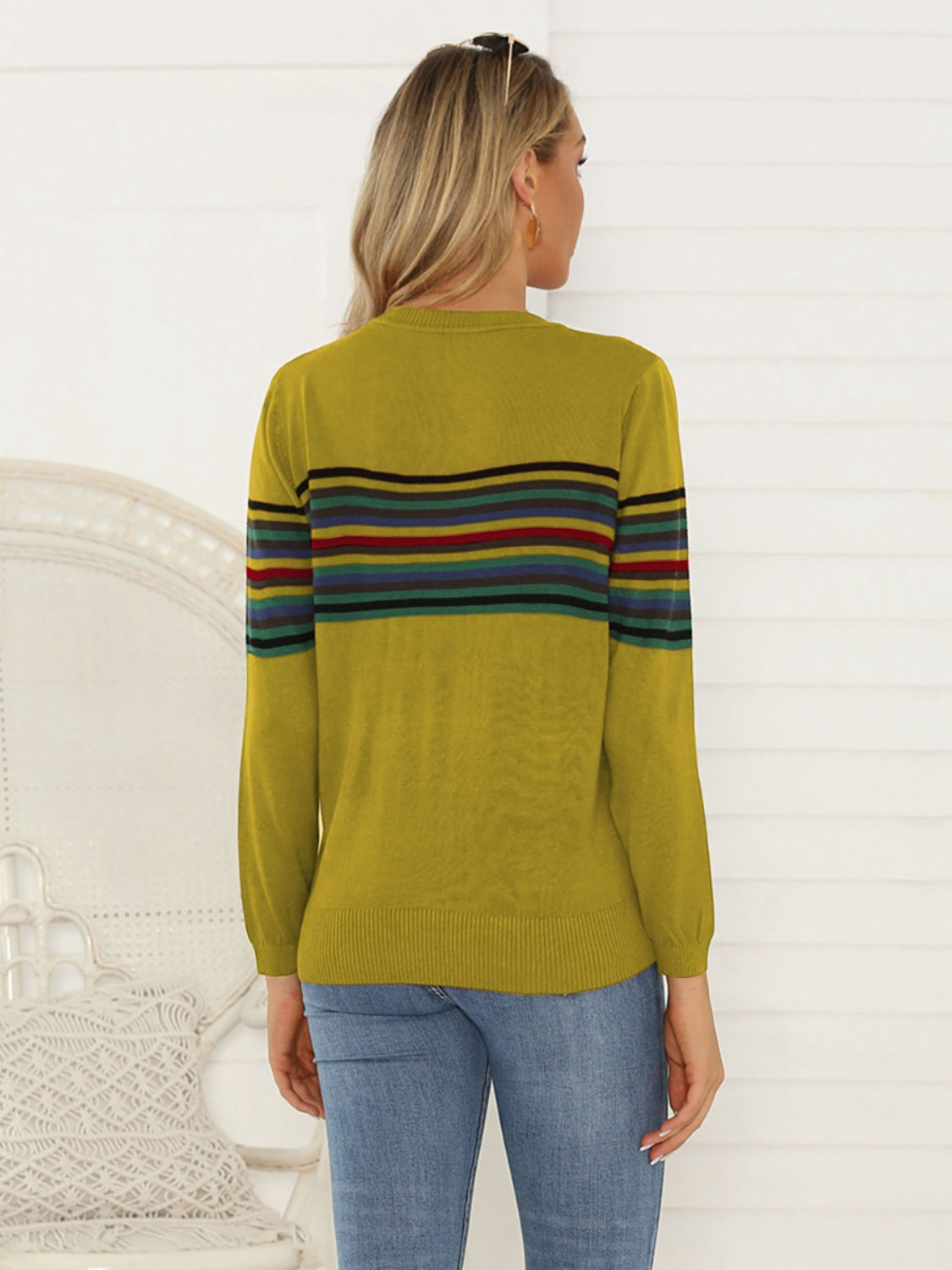 Shiny Striped Round Neck Long Sleeve Sweater