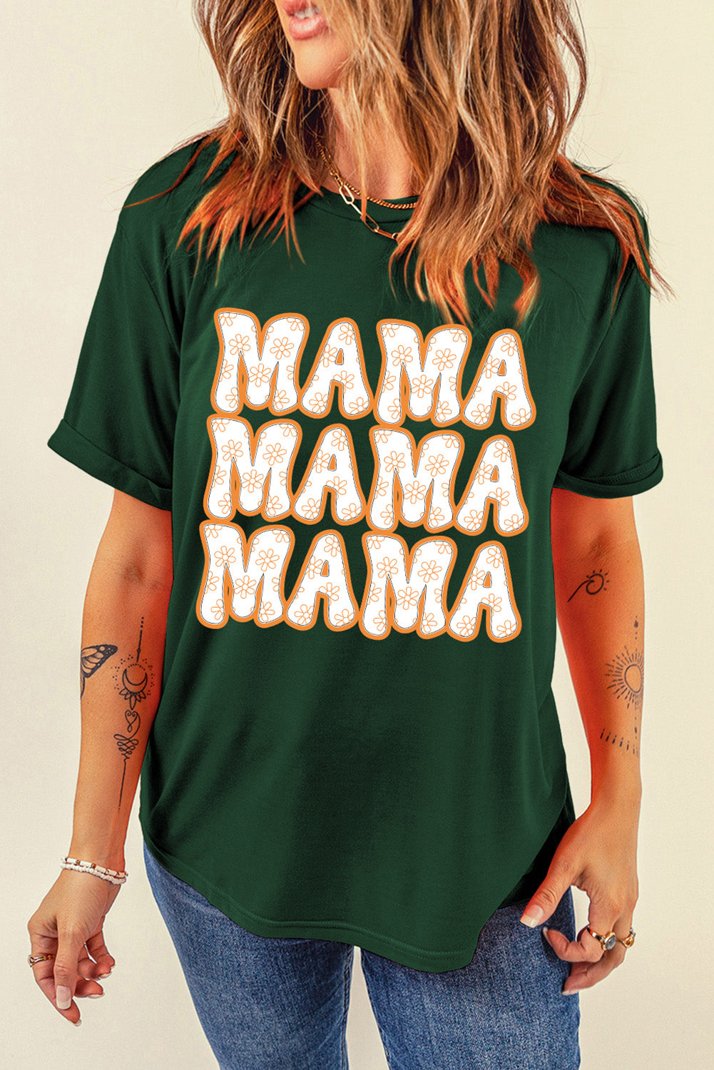 MAMA Round Neck Short Sleeve T-Shirt Tops Trendsi Green S 