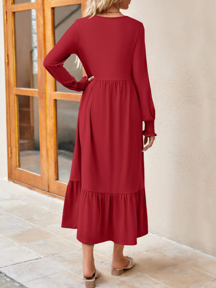 Round Neck Lantern Sleeve Ruffle Hem Dress Dress Trendsi   