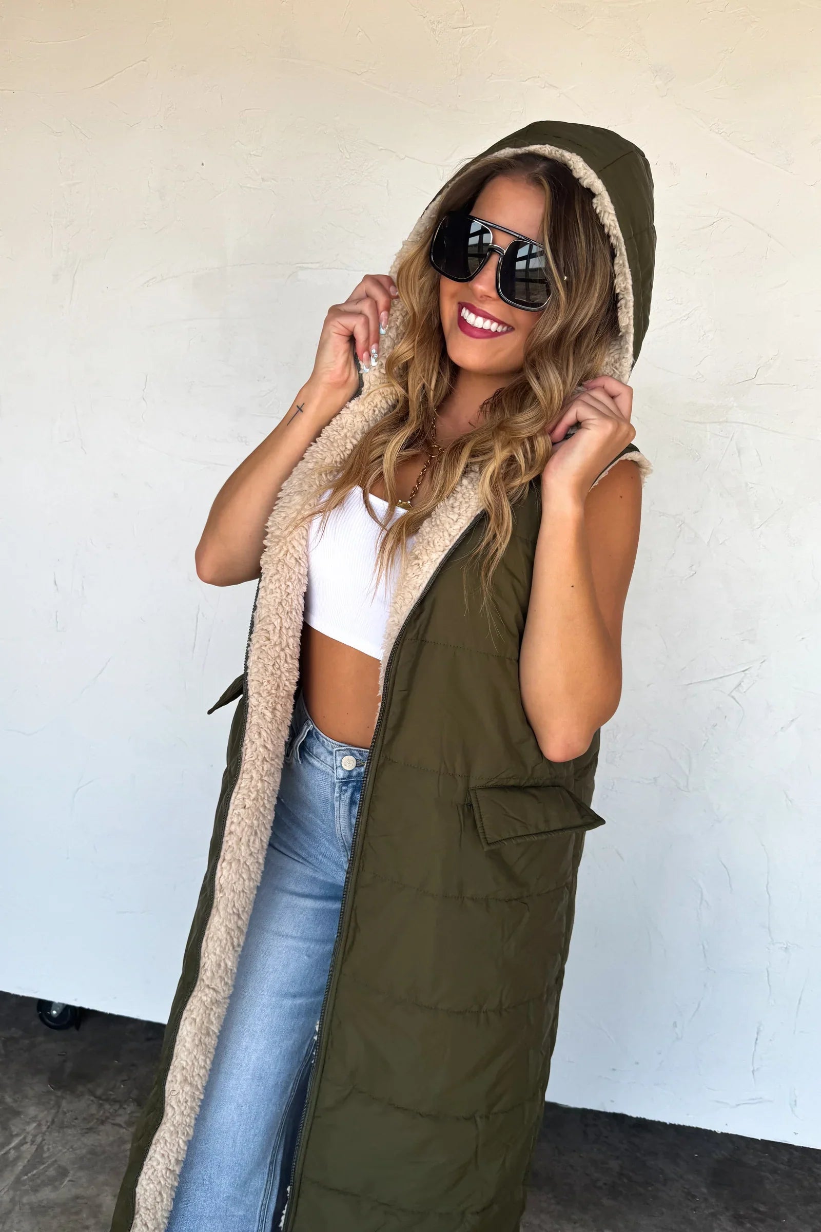 Long Reversible Sherpa Puffer Vest