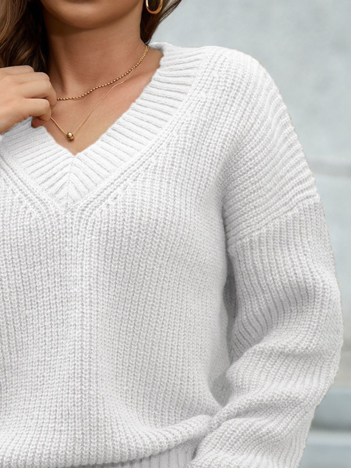 V-Neck Dropped Shoulder Long Sleeve Sweater