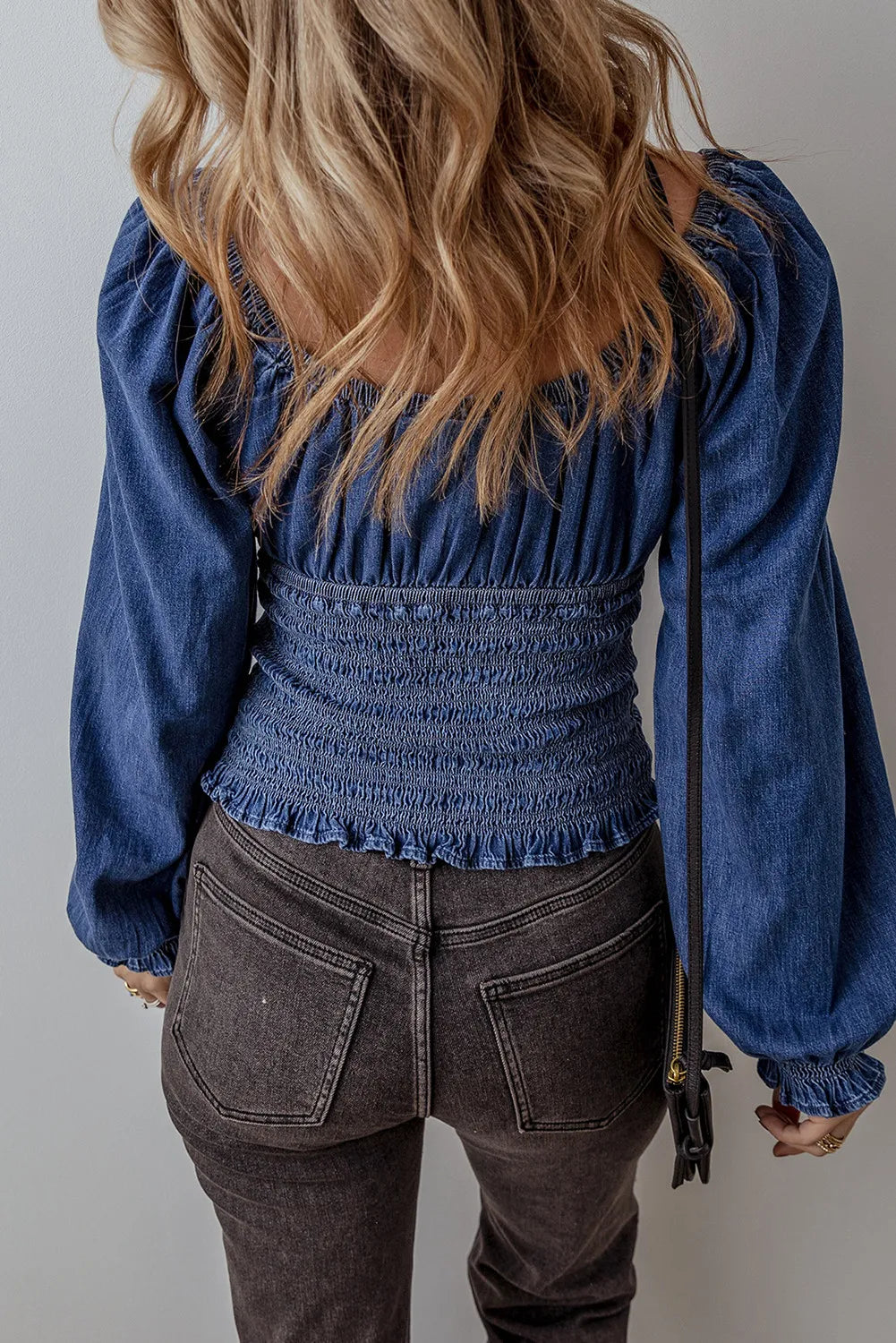 Smocked Long Sleeve Denim Top