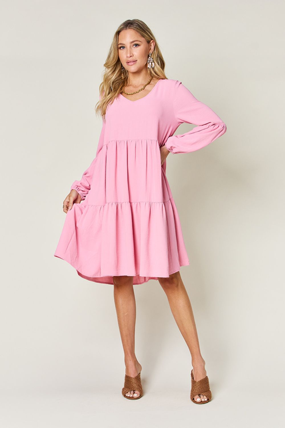 Double Take Full Size V-Neck Balloon Sleeve Tiered Dress Dresses Trendsi   