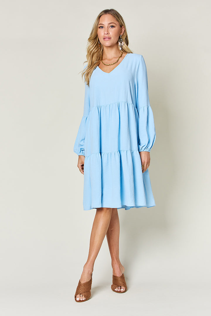 Double Take Full Size V-Neck Balloon Sleeve Tiered Dress Dresses Trendsi   