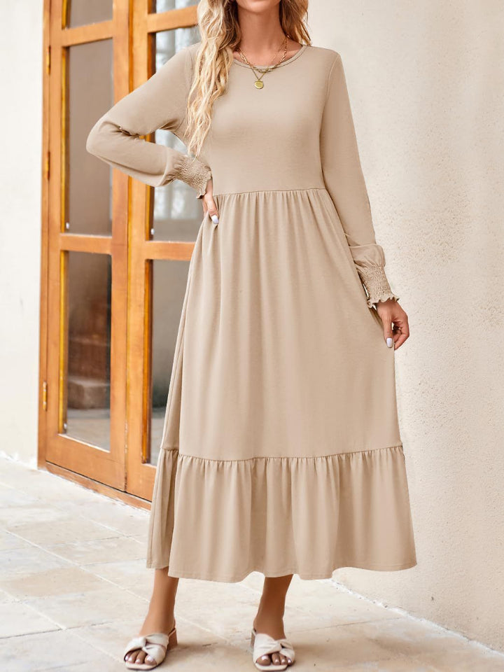 Round Neck Lantern Sleeve Ruffle Hem Dress Dress Trendsi Tan S 