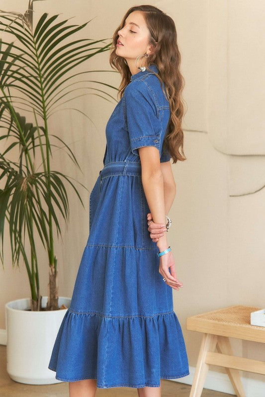 ADORA Tiered Button Down Tie Waist Short Sleeve Denim Dress