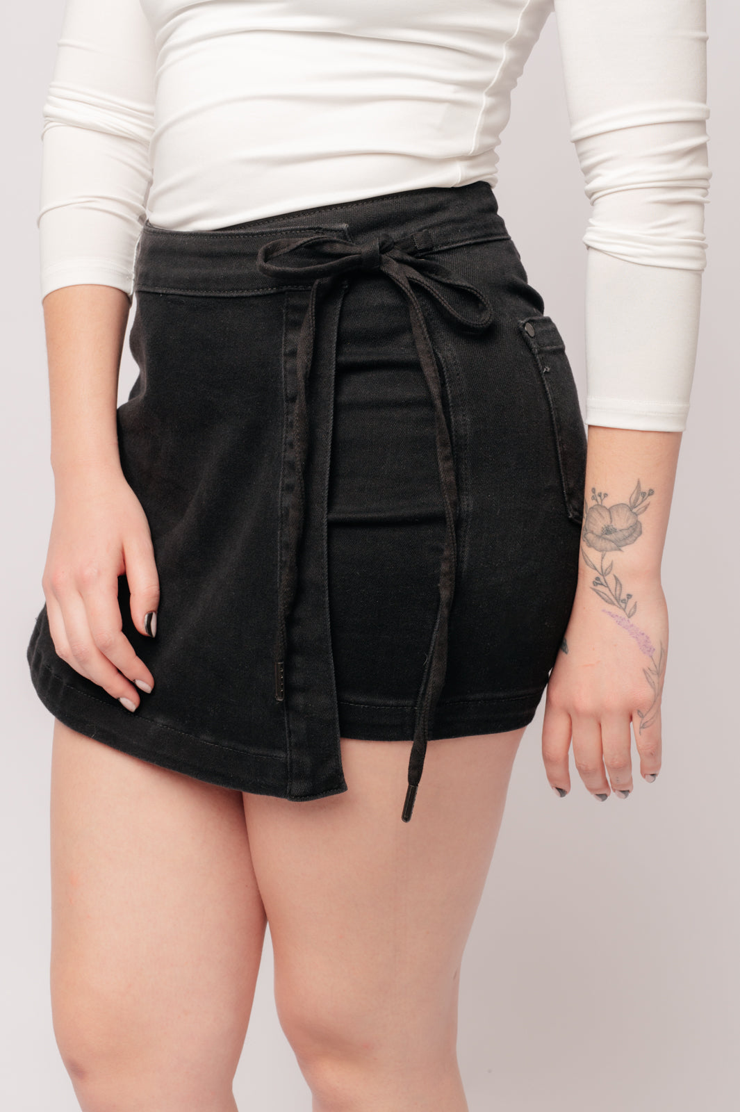 Bentli High Rise Side Tie Denim Skort in Black Womens Ave Shops   